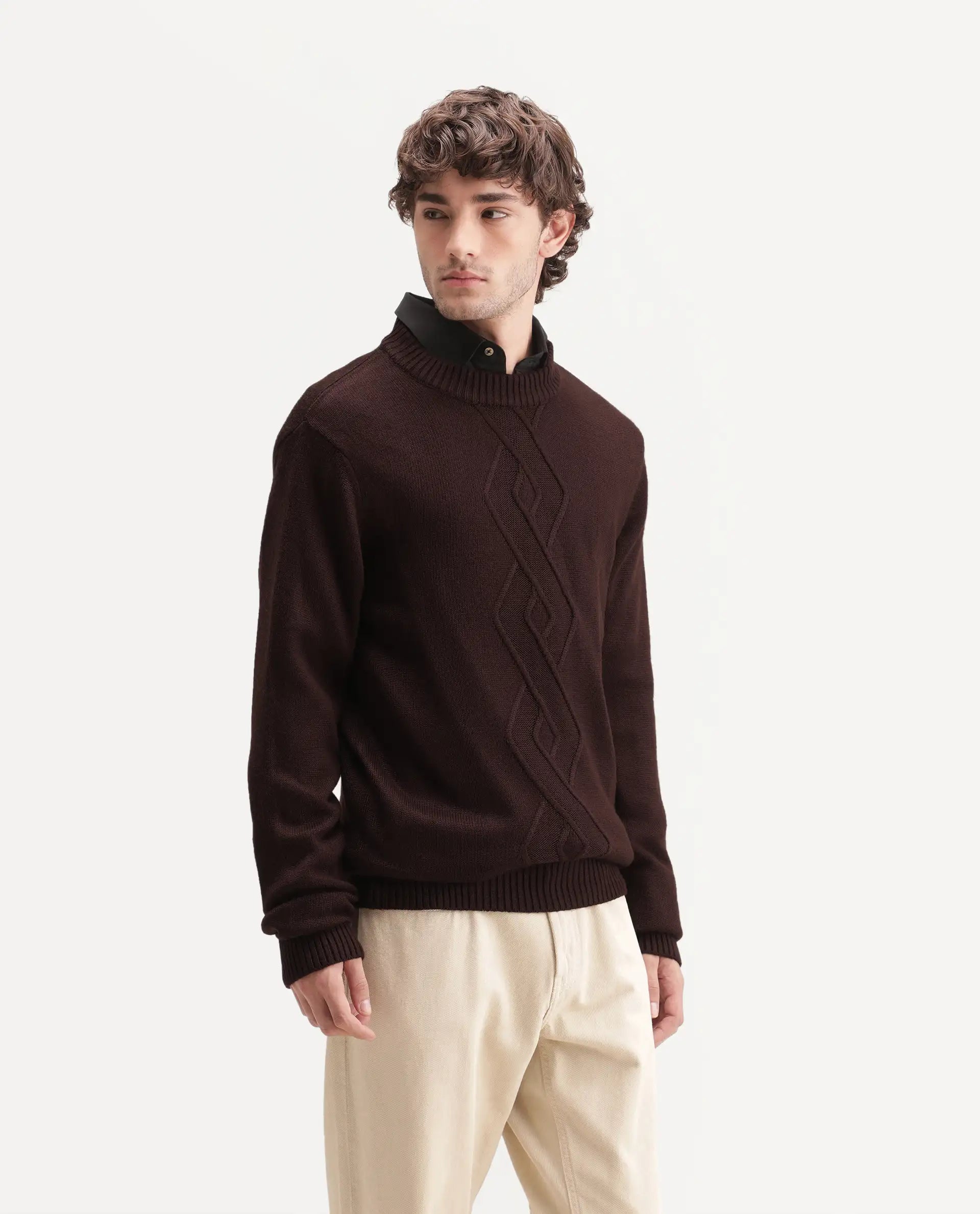 Rare Rabbit Men's Frab Brown Acrylic Crew Neck Regular Fit Jacquard Sweater