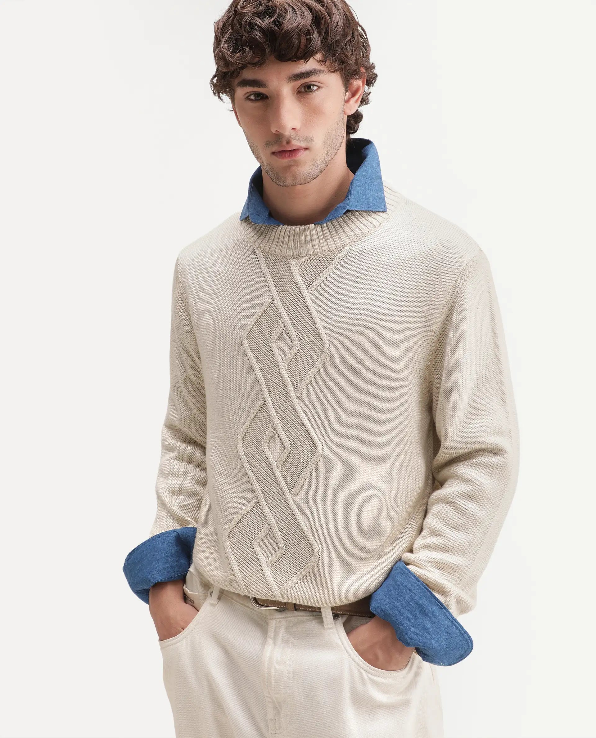Rare Rabbit Men's Frab Light Beige Acrylic Crew Neck Regular Fit Jacquard Sweater
