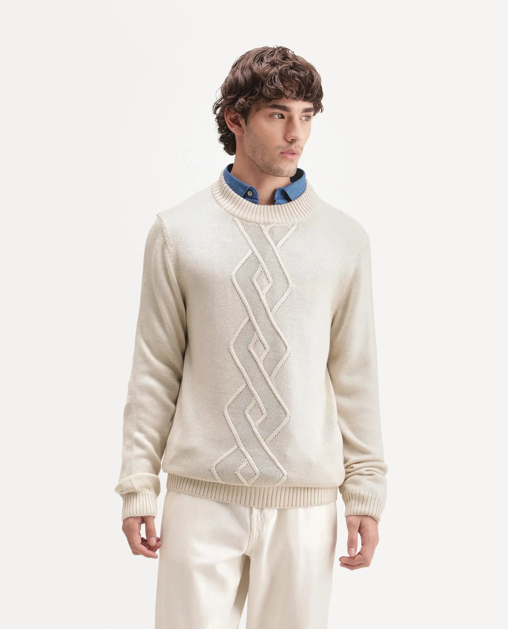 Rare Rabbit Men's Frab Light Beige Acrylic Crew Neck Regular Fit Jacquard Sweater