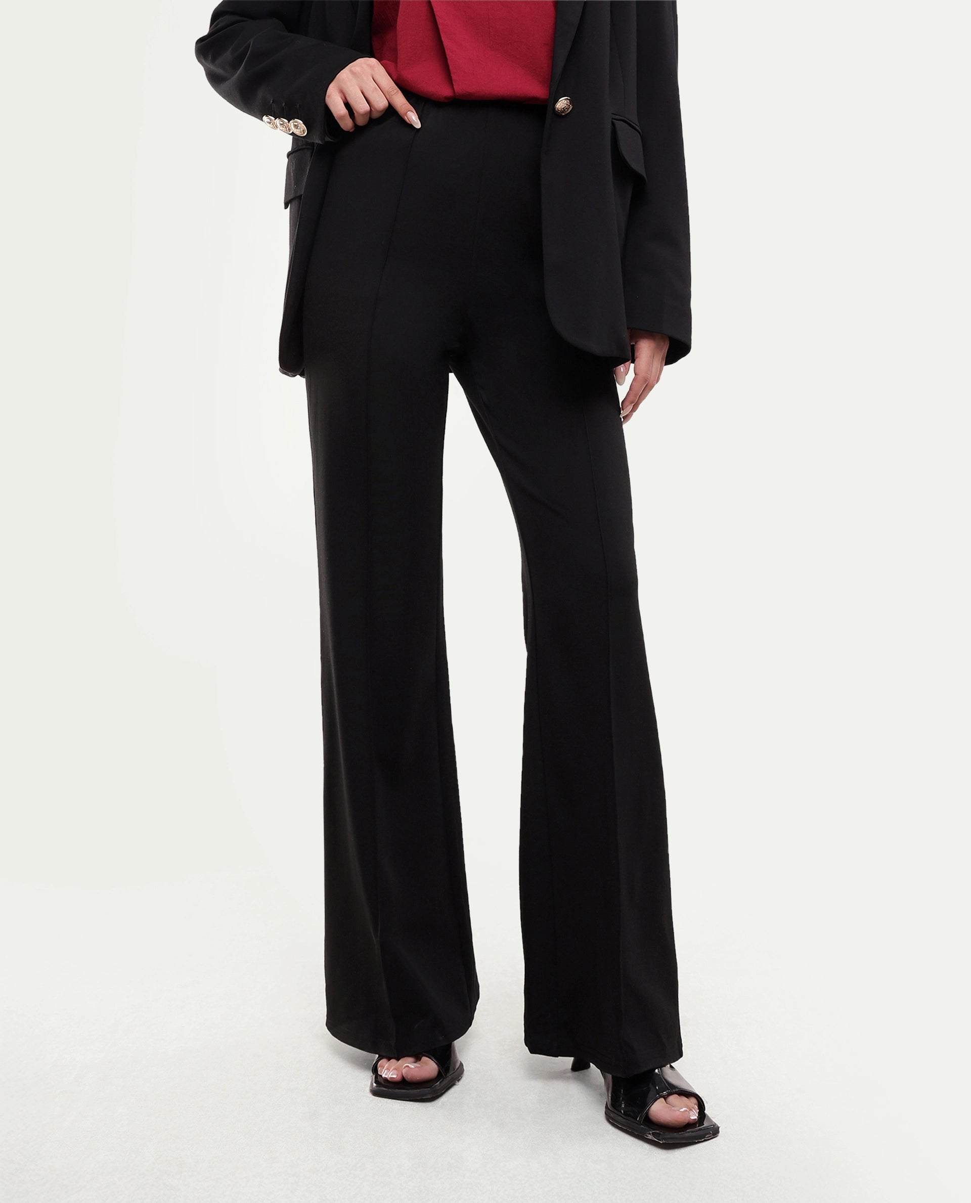 Rareism Women's Pango Black Viscose Blend Straight Plain Trouser