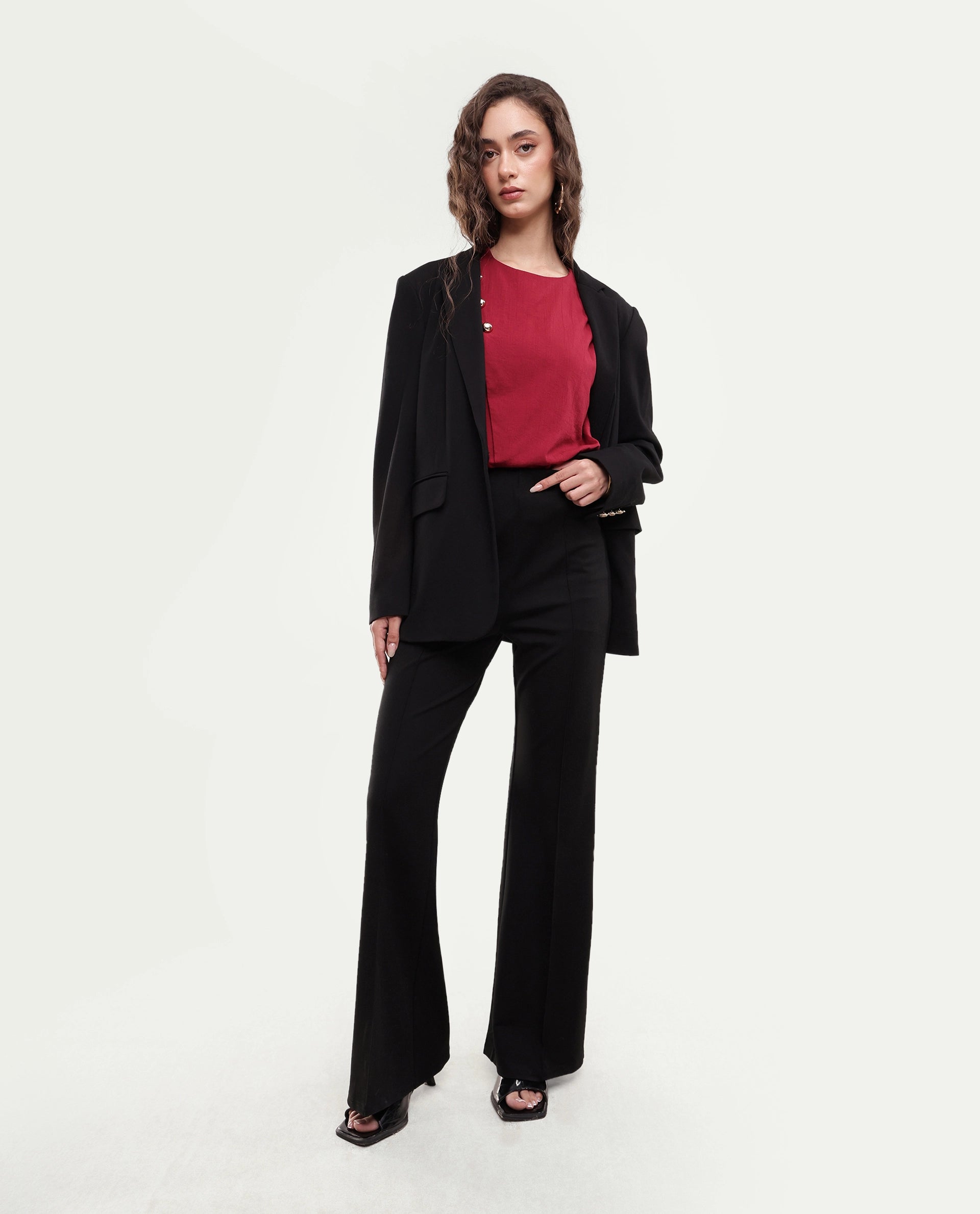 Rareism Women's Pango Black Viscose Blend Straight Plain Trouser