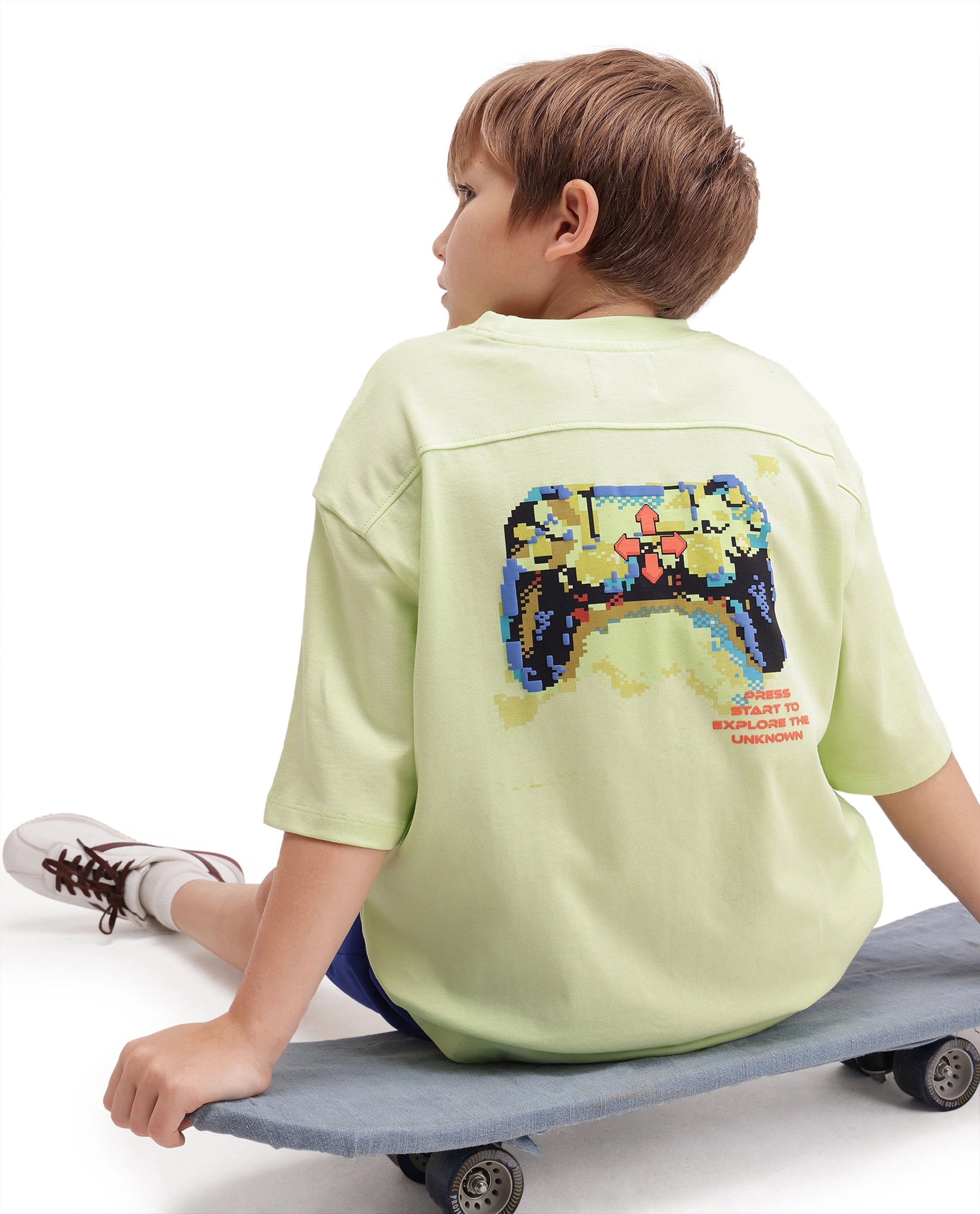 Rare Ones Kids Gamos Pastel Green Cotton Fabric Pull-On Closure Boxy Fit Graphic Print T-Shirt