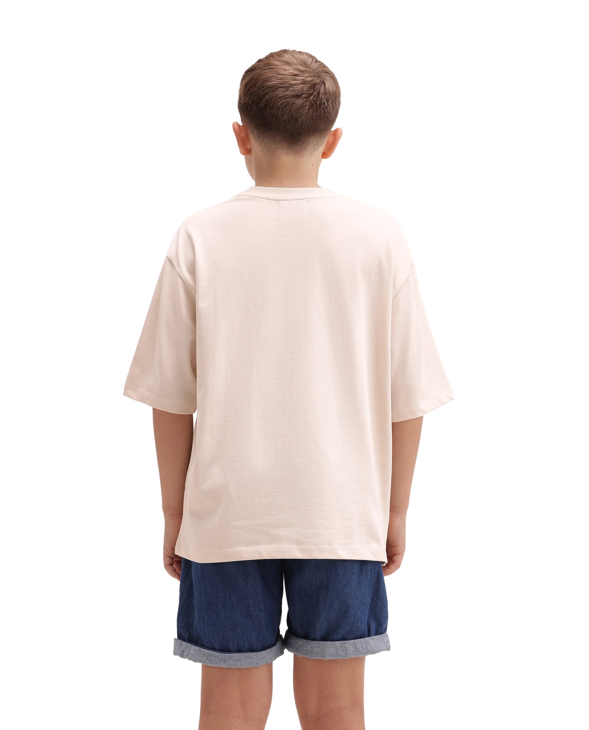 Rare Ones Kids Tenn Light Beige Cotton Fabric Pull-On Closure Oversized Graphic Print T-Shirt