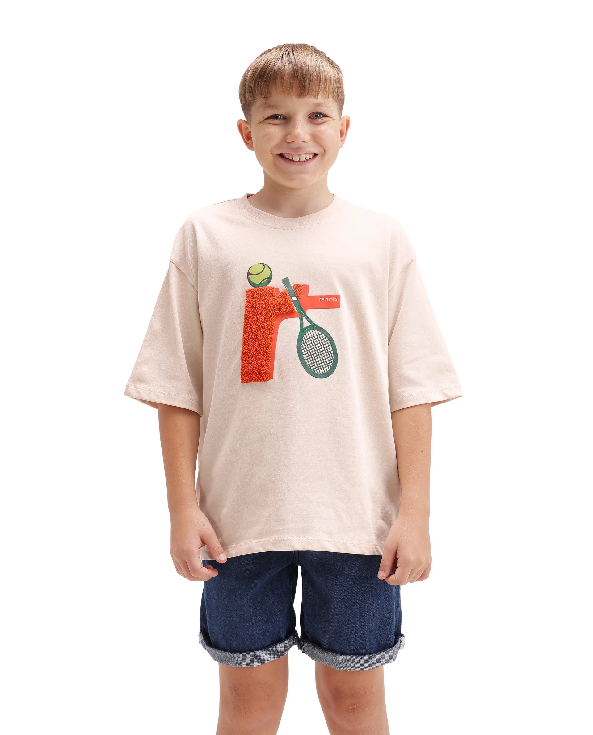 Rare Ones Kids Tenn Light Beige Cotton Fabric Pull-On Closure Oversized Graphic Print T-Shirt