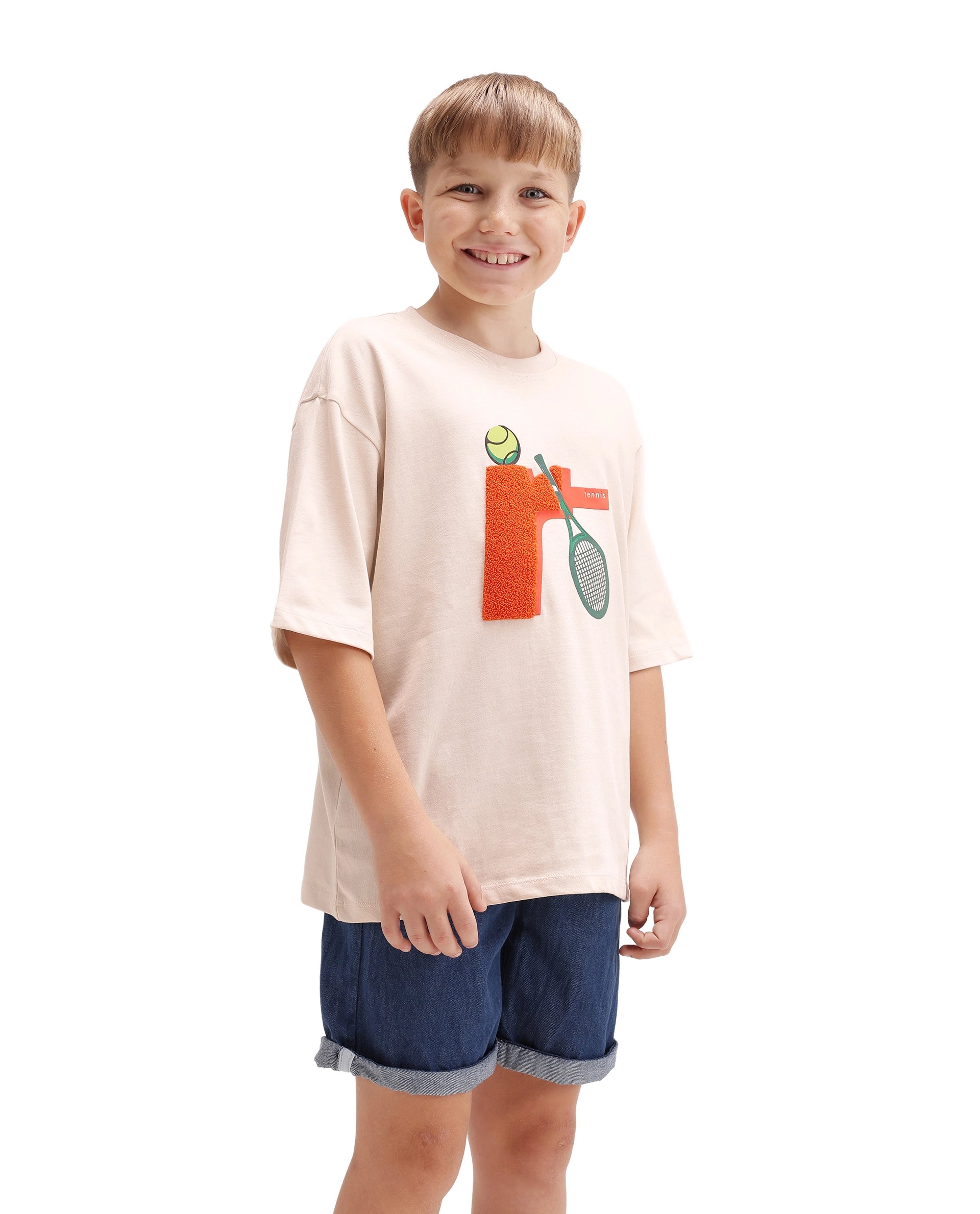 Rare Ones Kids Tenn Light Beige Cotton Fabric Pull-On Closure Oversized Graphic Print T-Shirt