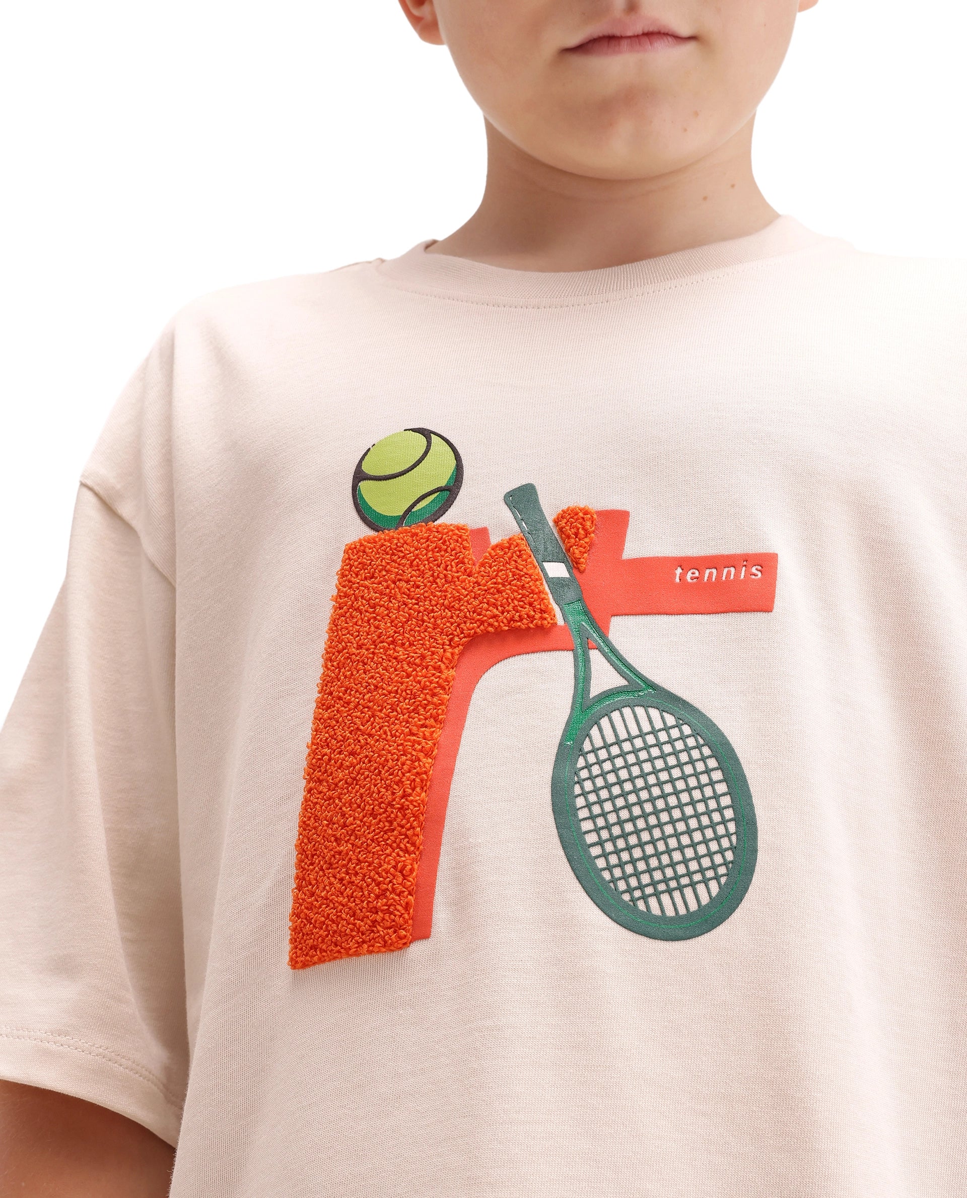 Rare Ones Kids Tenn Light Beige Cotton Fabric Pull-On Closure Oversized Graphic Print T-Shirt