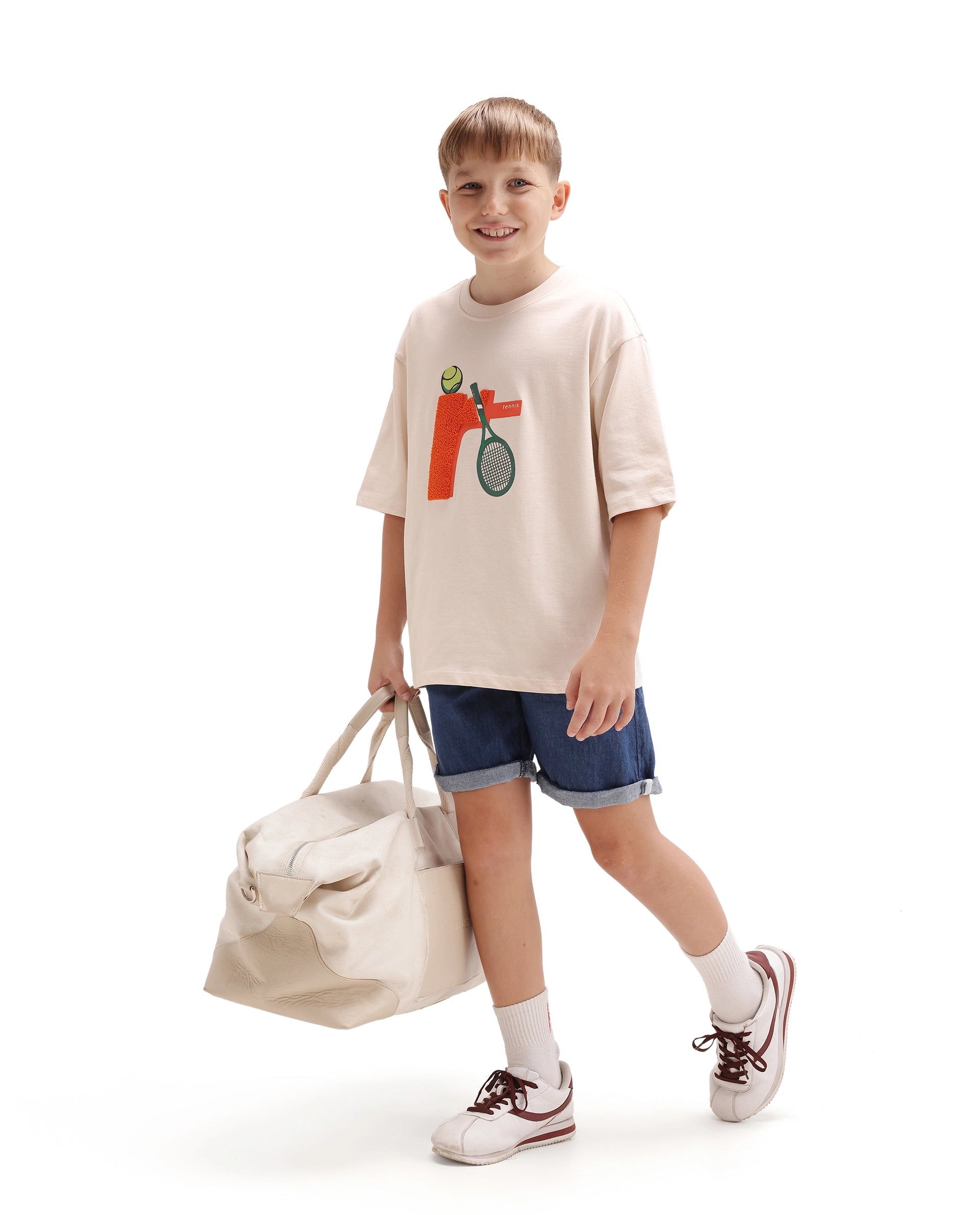 Rare Ones Kids Tenn Light Beige Cotton Fabric Pull-On Closure Oversized Graphic Print T-Shirt
