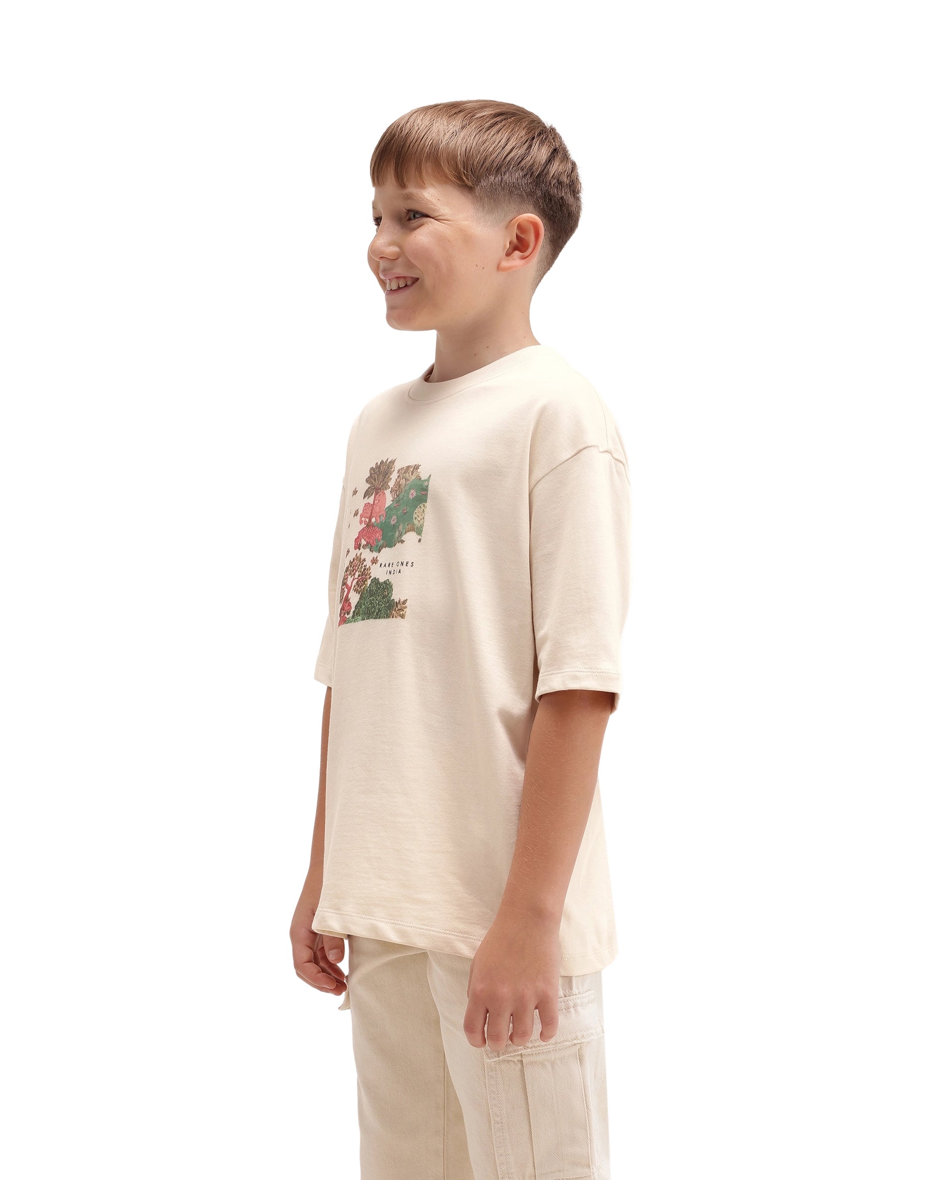 Rare Ones Kids Tanz-K Light Beige Cotton Fabric Pull-On Closure Oversized Graphic Print T-Shirt