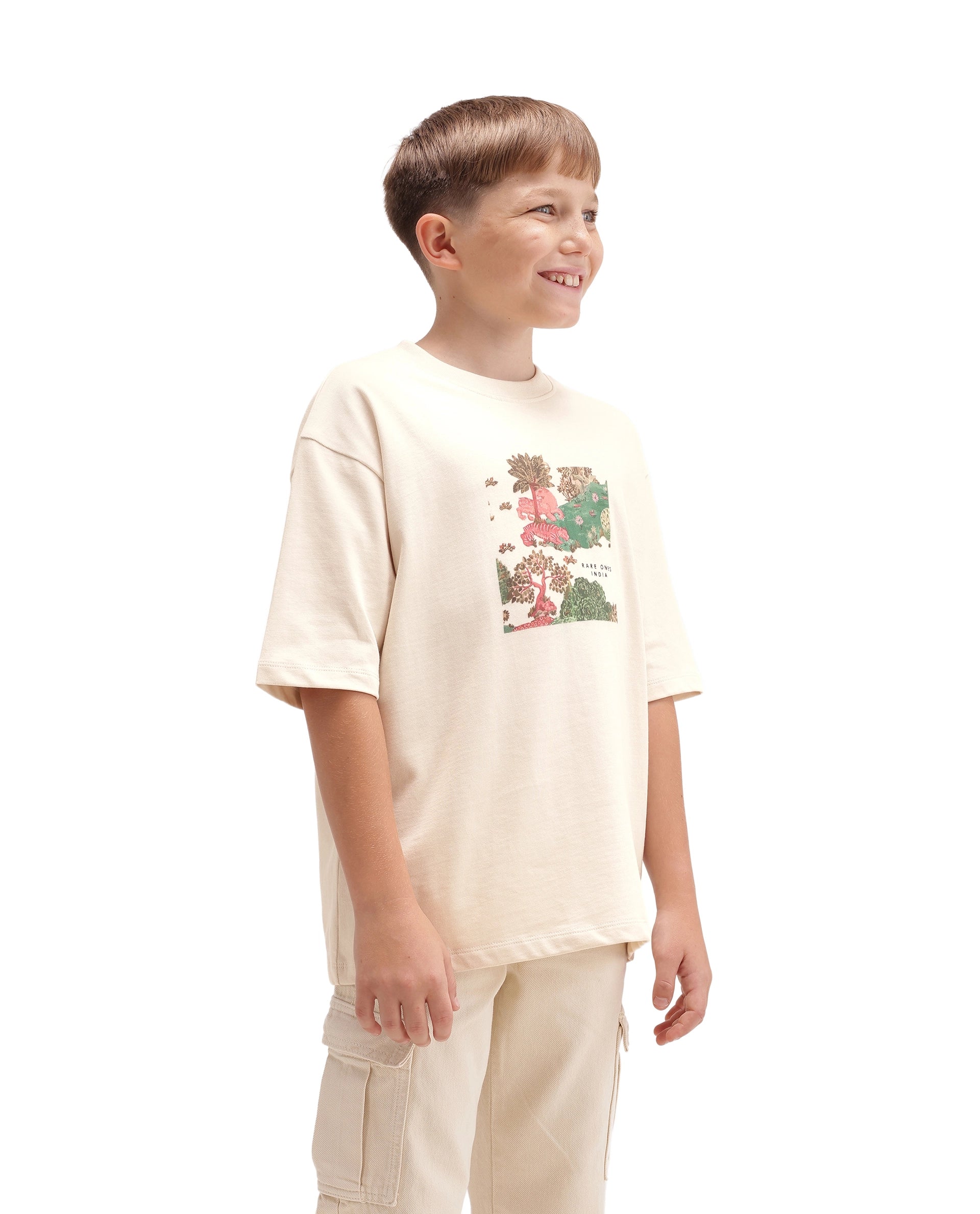 Rare Ones Kids Tanz-K Light Beige Cotton Fabric Pull-On Closure Oversized Graphic Print T-Shirt