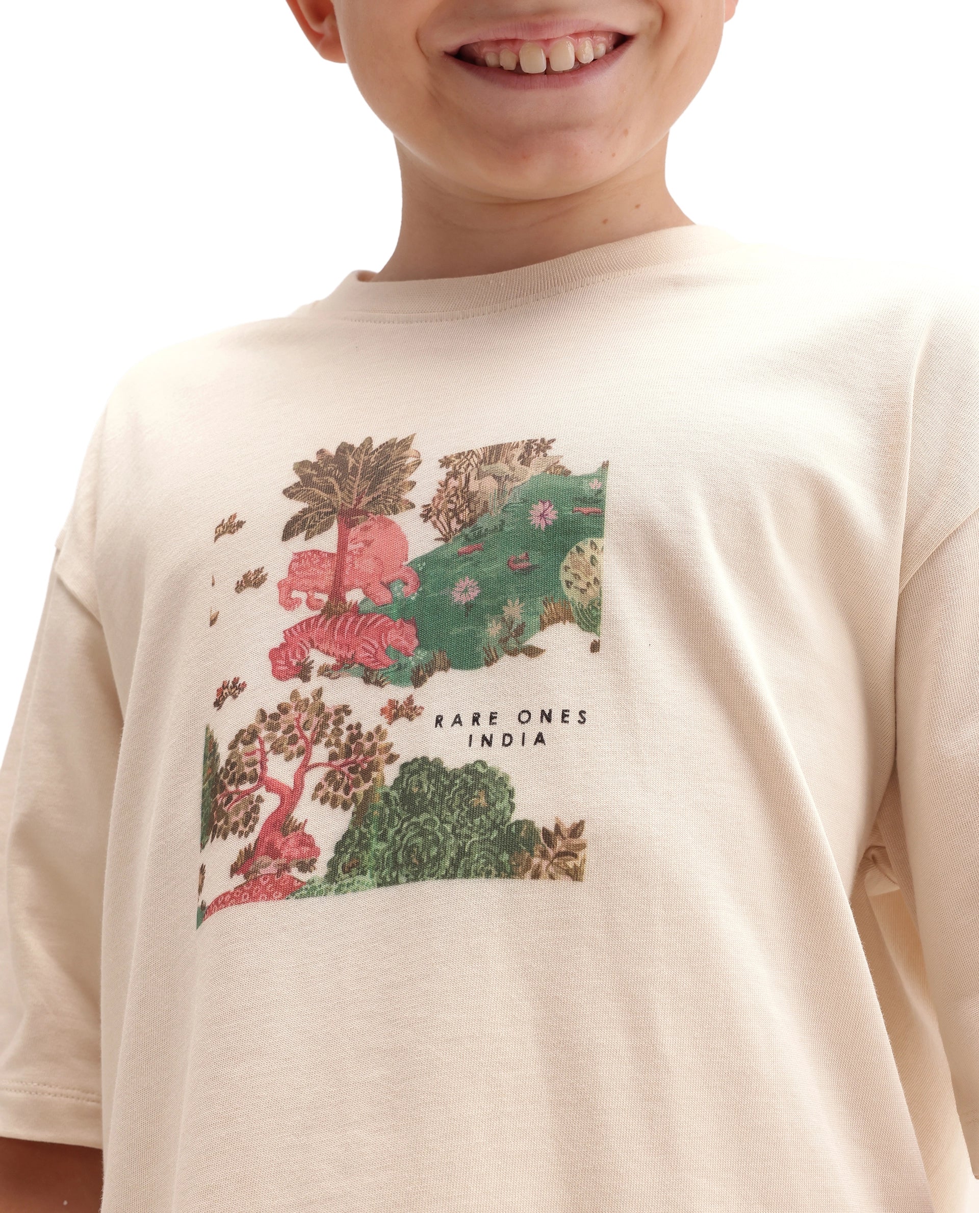 Rare Ones Kids Tanz-K Light Beige Cotton Fabric Pull-On Closure Oversized Graphic Print T-Shirt