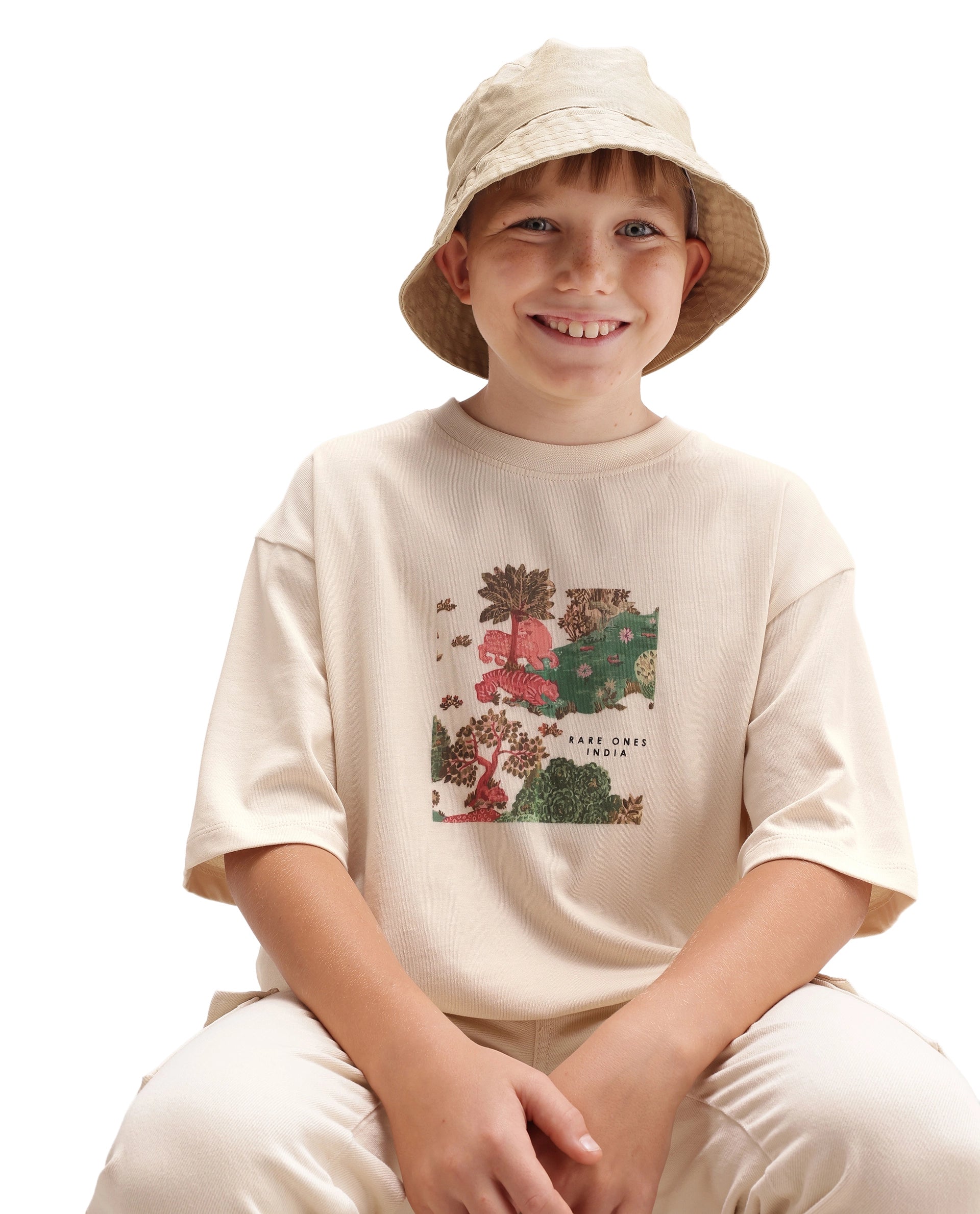 Rare Ones Kids Tanz-K Light Beige Cotton Fabric Pull-On Closure Oversized Graphic Print T-Shirt