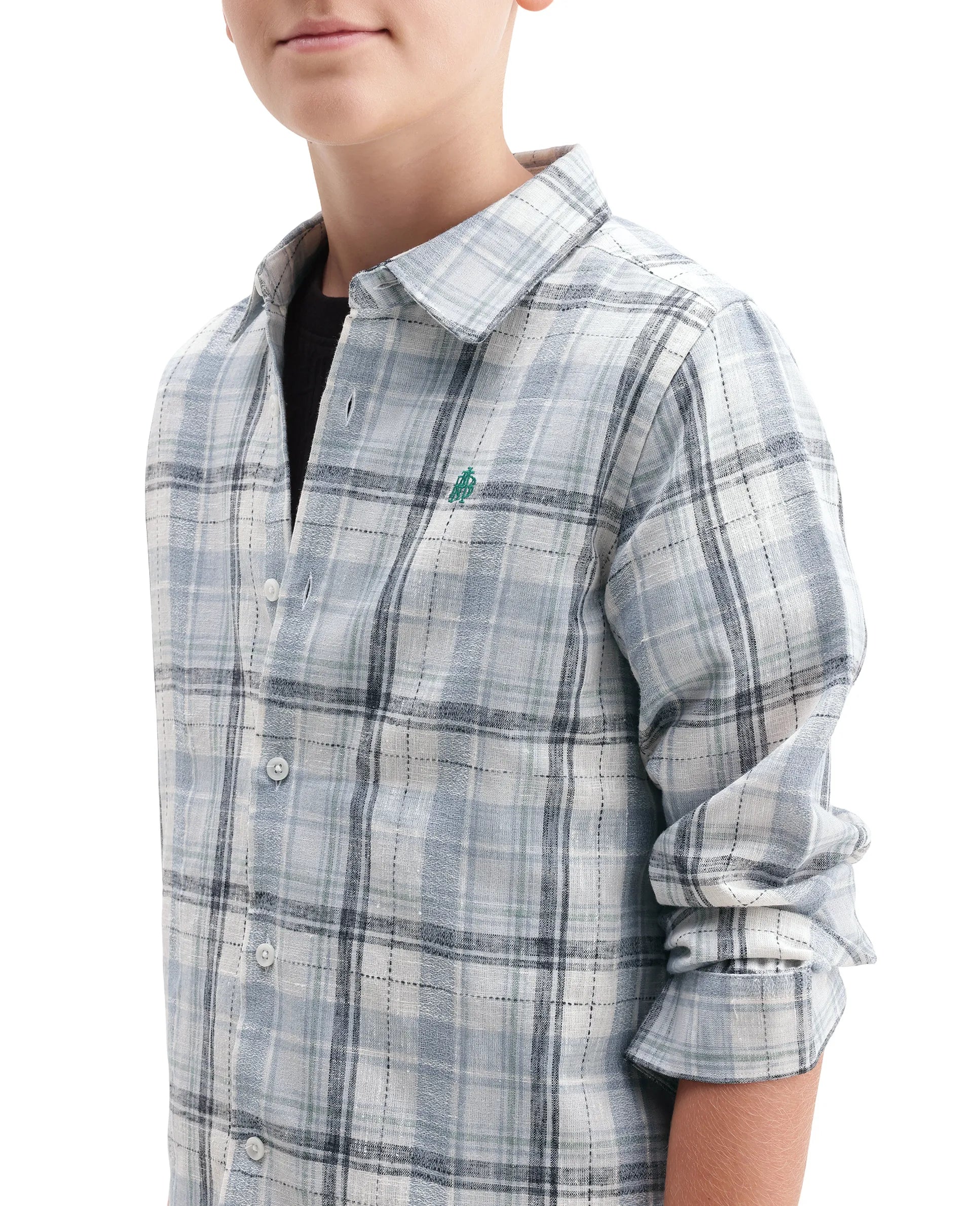 Rare Ones Kids Dean Dusky Blue Polyester Blend Fabric Button Closure Regular Fit Checkered Shirt