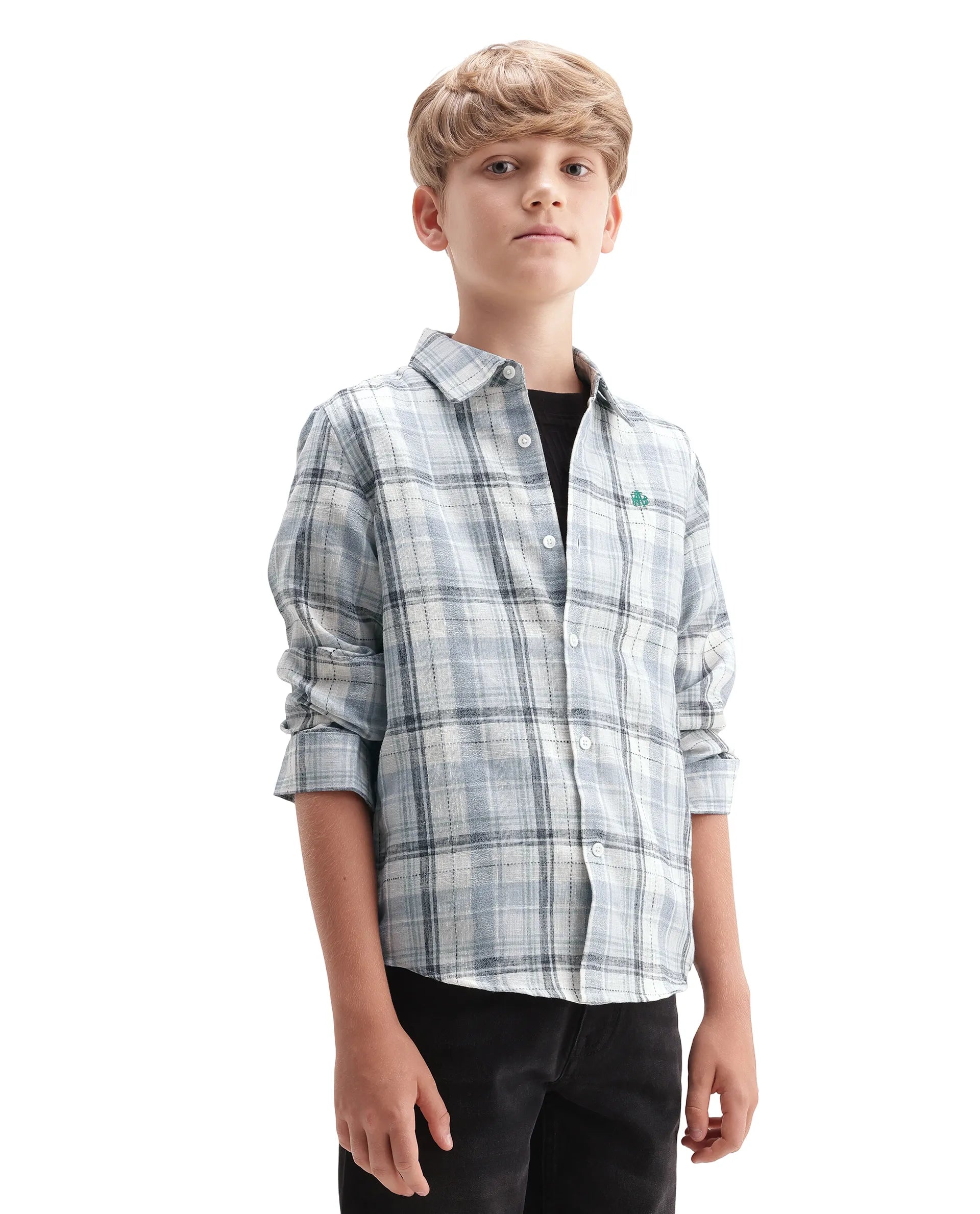 Rare Ones Kids Dean Dusky Blue Polyester Blend Fabric Button Closure Regular Fit Checkered Shirt