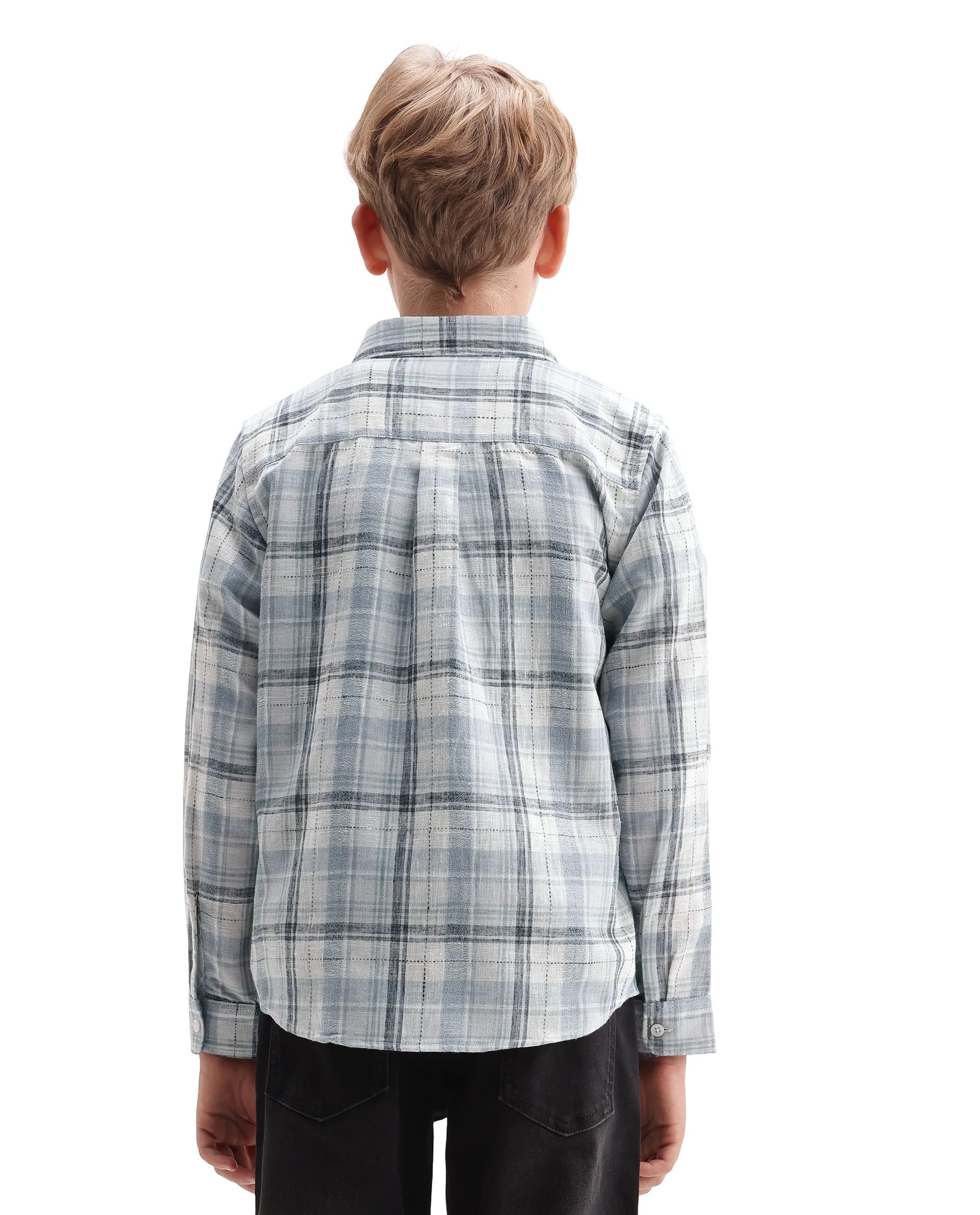 Rare Ones Kids Dean Dusky Blue Polyester Blend Fabric Button Closure Regular Fit Checkered Shirt