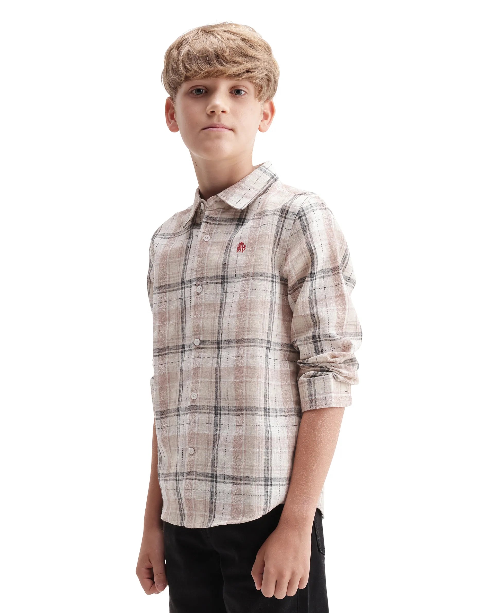 Rare Ones Kids Dean Dusky Peach Polyester Blend Fabric Button Closure Regular Fit Checkered Shirt