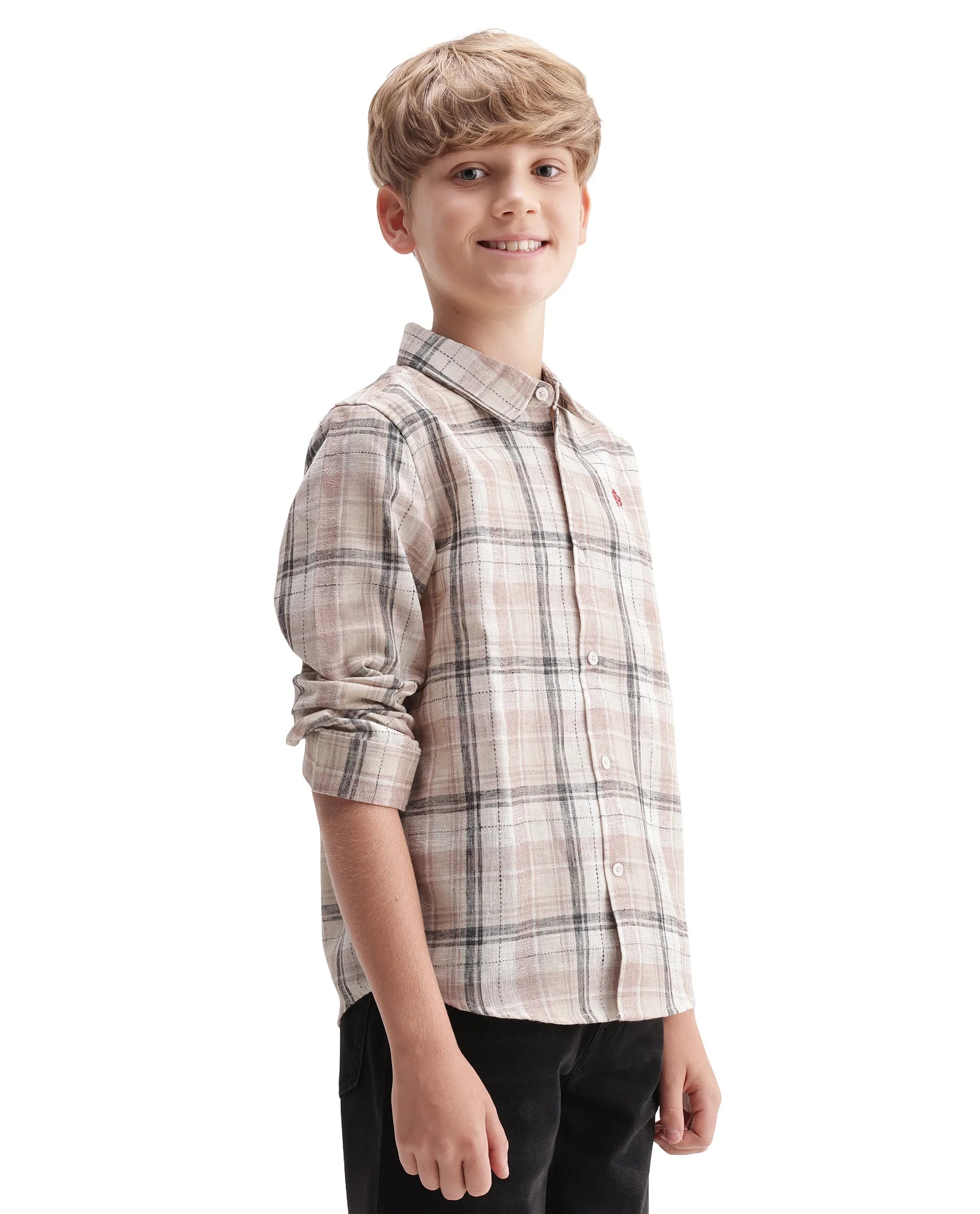 Rare Ones Kids Dean Dusky Peach Polyester Blend Fabric Button Closure Regular Fit Checkered Shirt