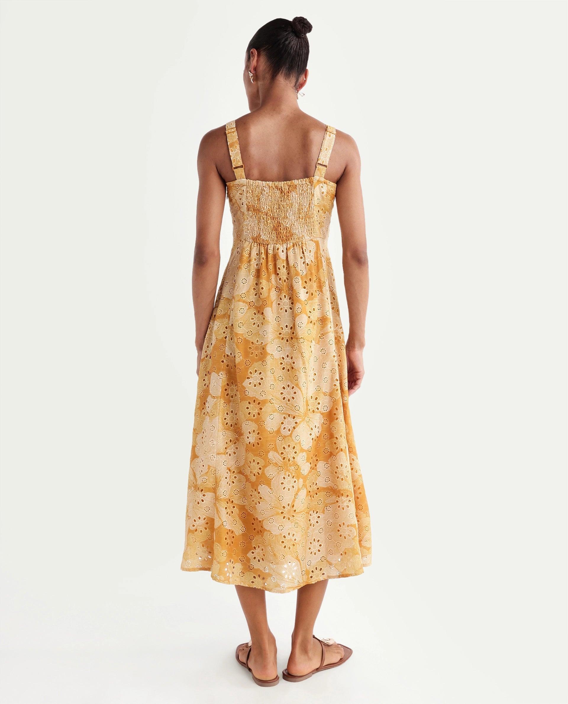 Rareism Women's Ruza Mustard Floral Cotton Blend Fit And Flare Sleeveless Dress
