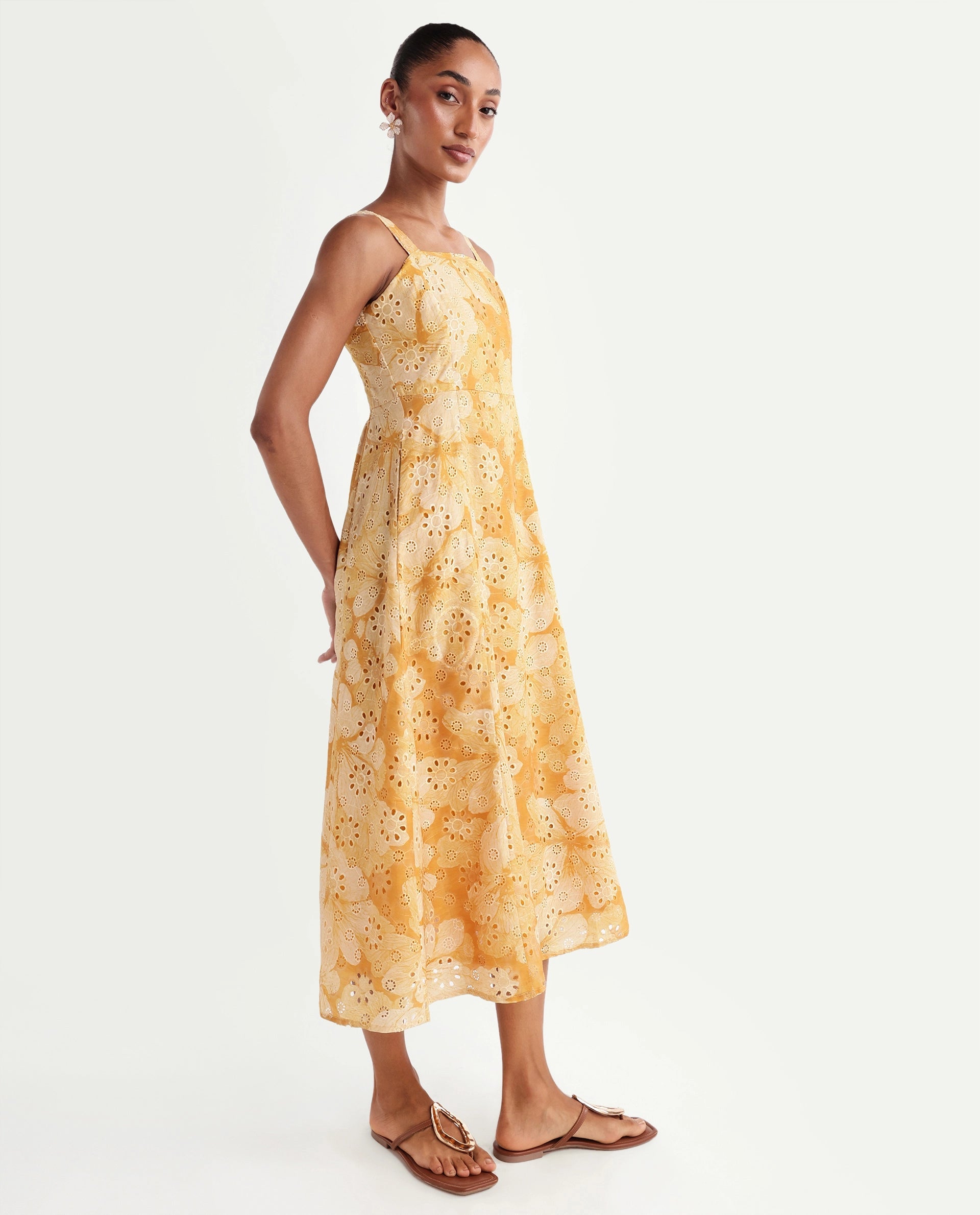 Rareism Women's Ruza Mustard Floral Cotton Blend Fit And Flare Sleeveless Dress