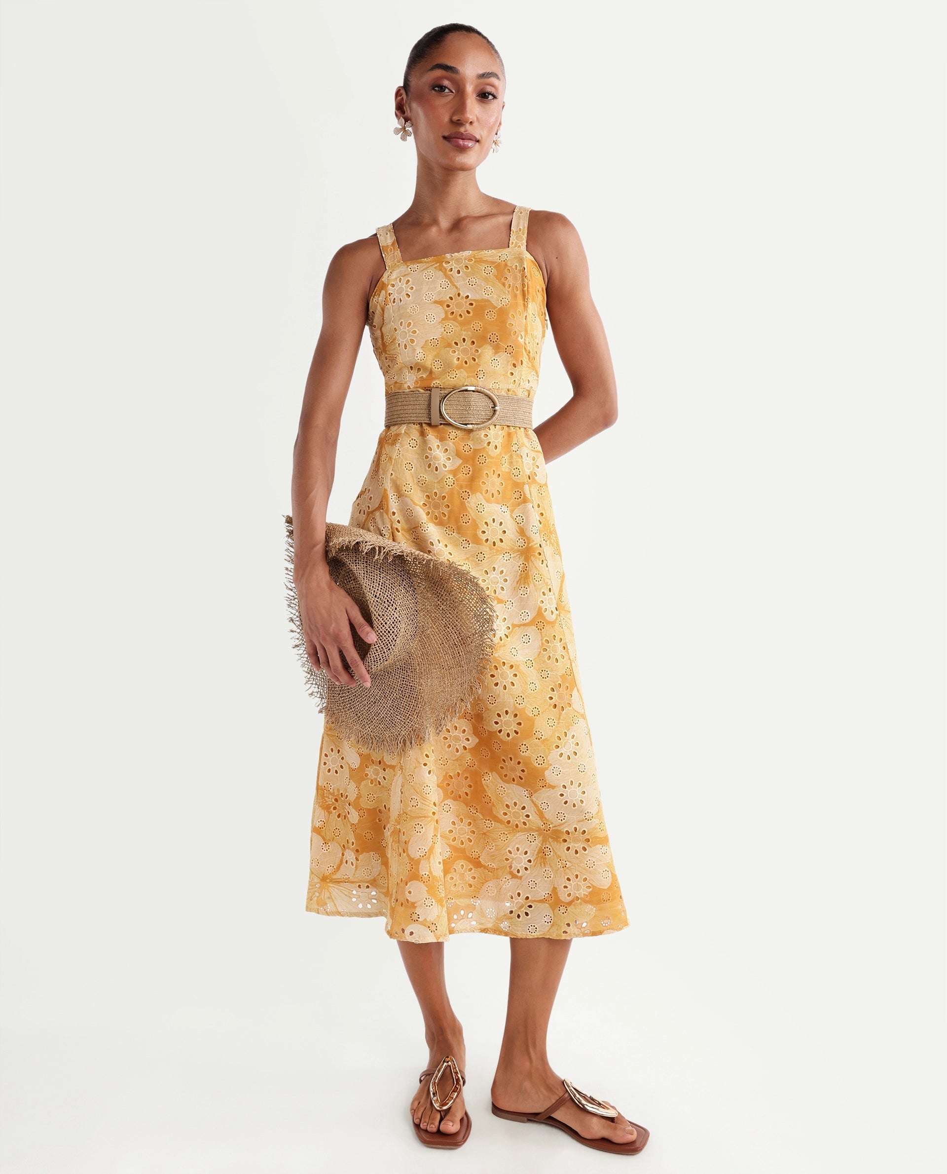 Rareism Women's Ruza Mustard Floral Cotton Blend Fit And Flare Sleeveless Dress