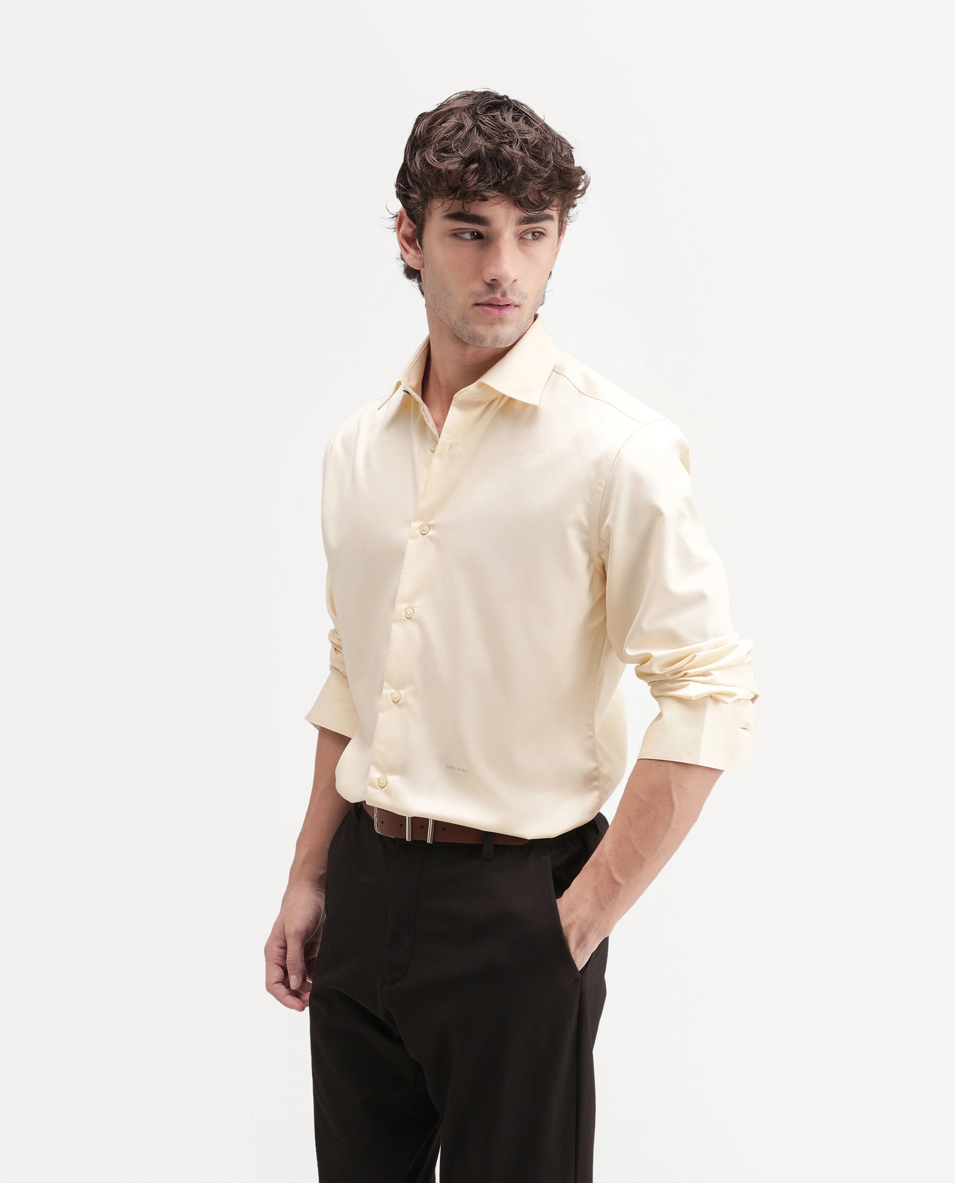 Rare Rabbit Men's Aston Light Yellow Polyester Blend Spread Collar Button Regular Plain Shirt