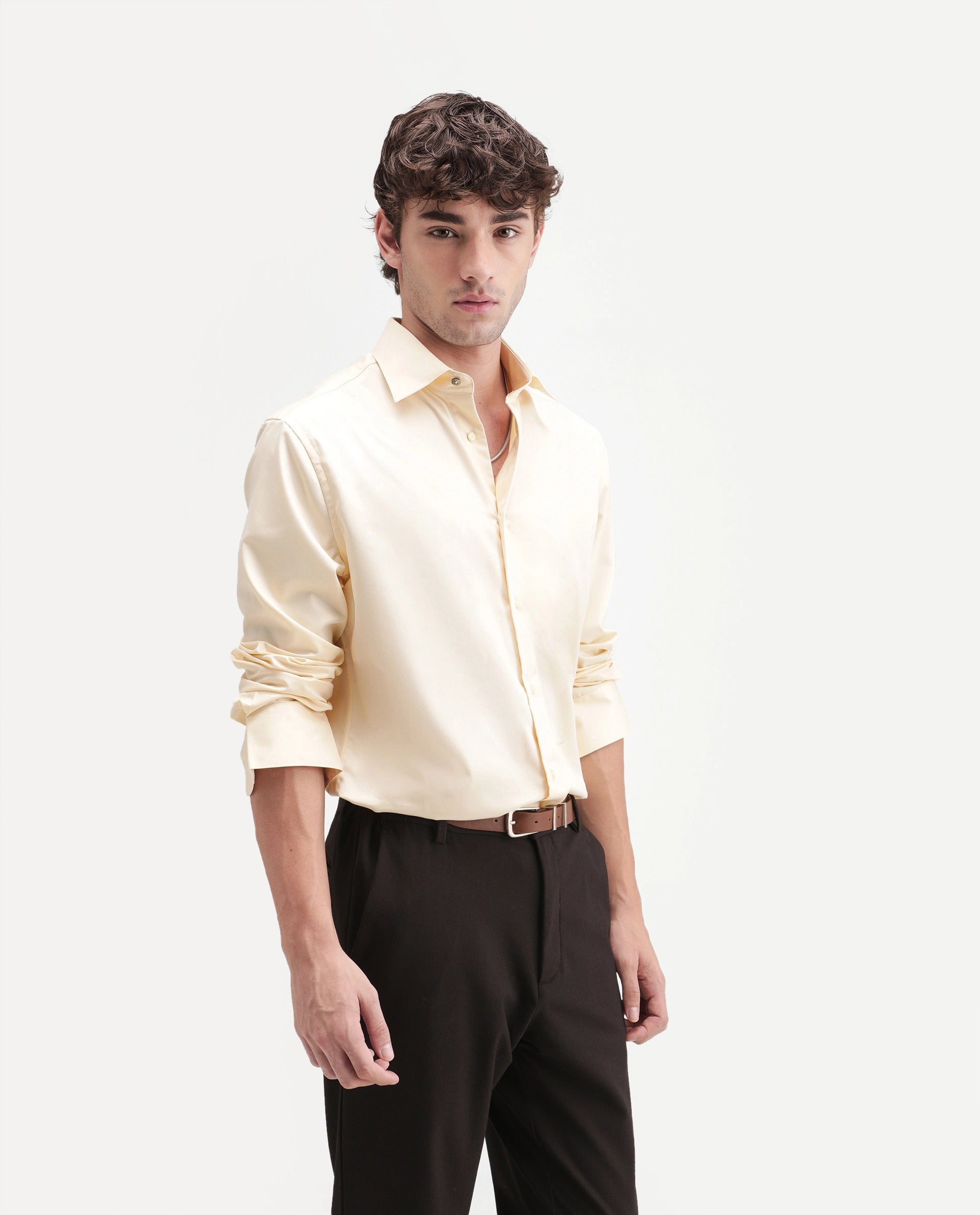 Rare Rabbit Men's Aston Light Yellow Polyester Blend Spread Collar Button Regular Plain Shirt