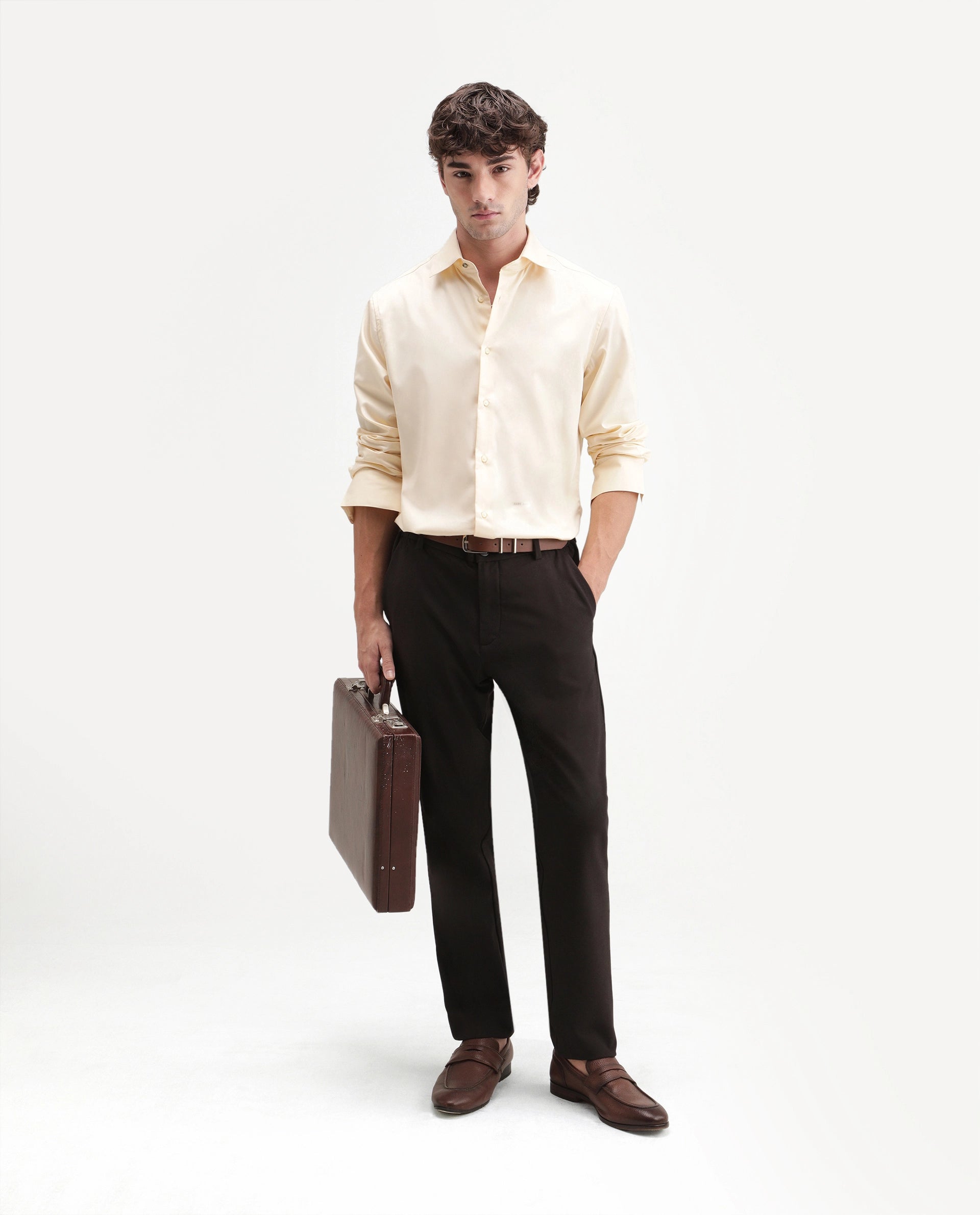 Rare Rabbit Men's Aston Light Yellow Polyester Blend Spread Collar Button Regular Plain Shirt