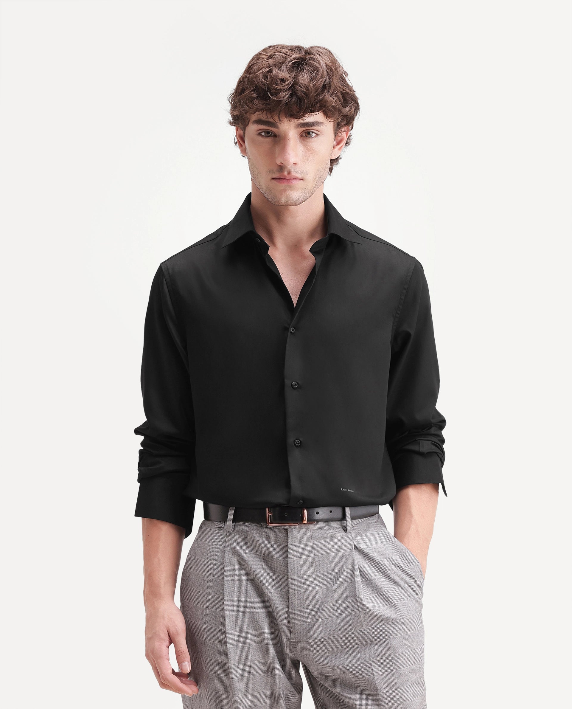 Rare Rabbit Men's Aston Black Polyester Blend Spread Collar Button Regular Plain Shirt