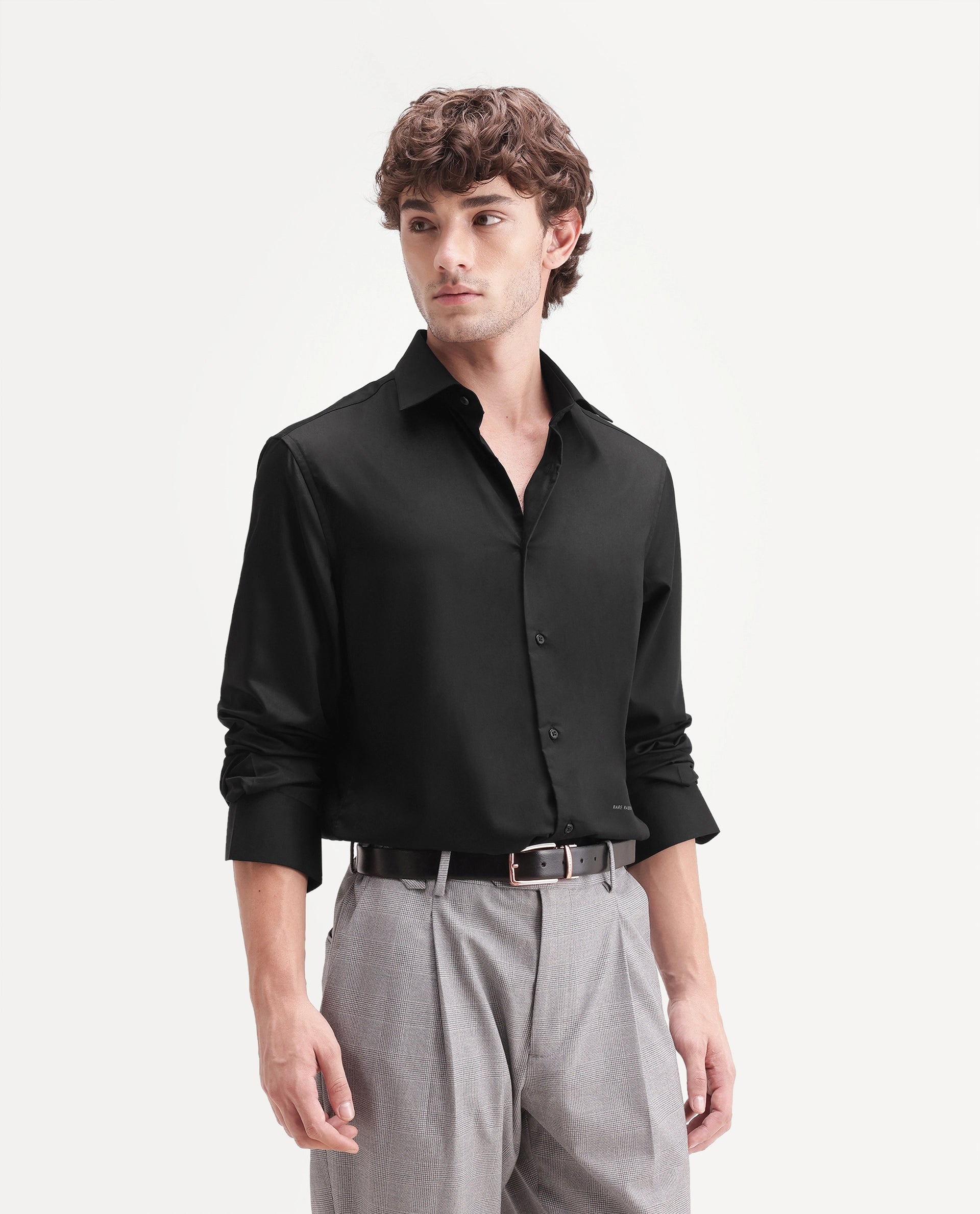 Rare Rabbit Men's Aston Black Polyester Blend Spread Collar Button Regular Plain Shirt
