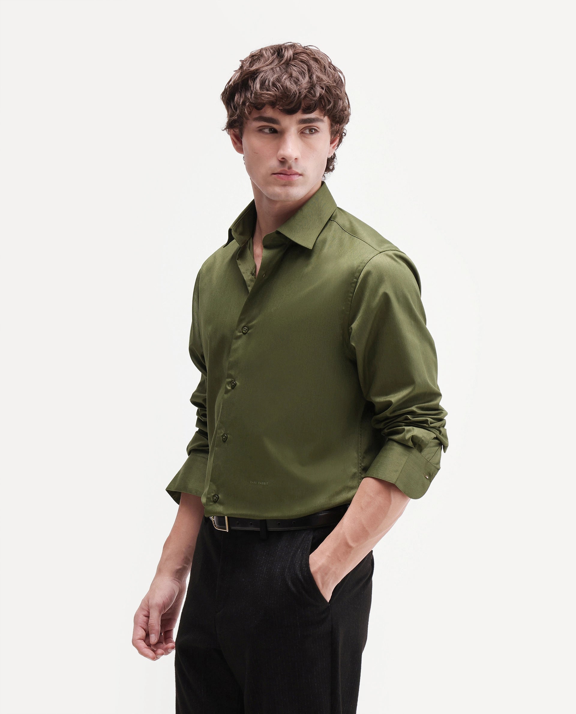 Rare Rabbit Men's Aston Dark Green Polyester Blend Spread Collar Button Regular Plain Shirt