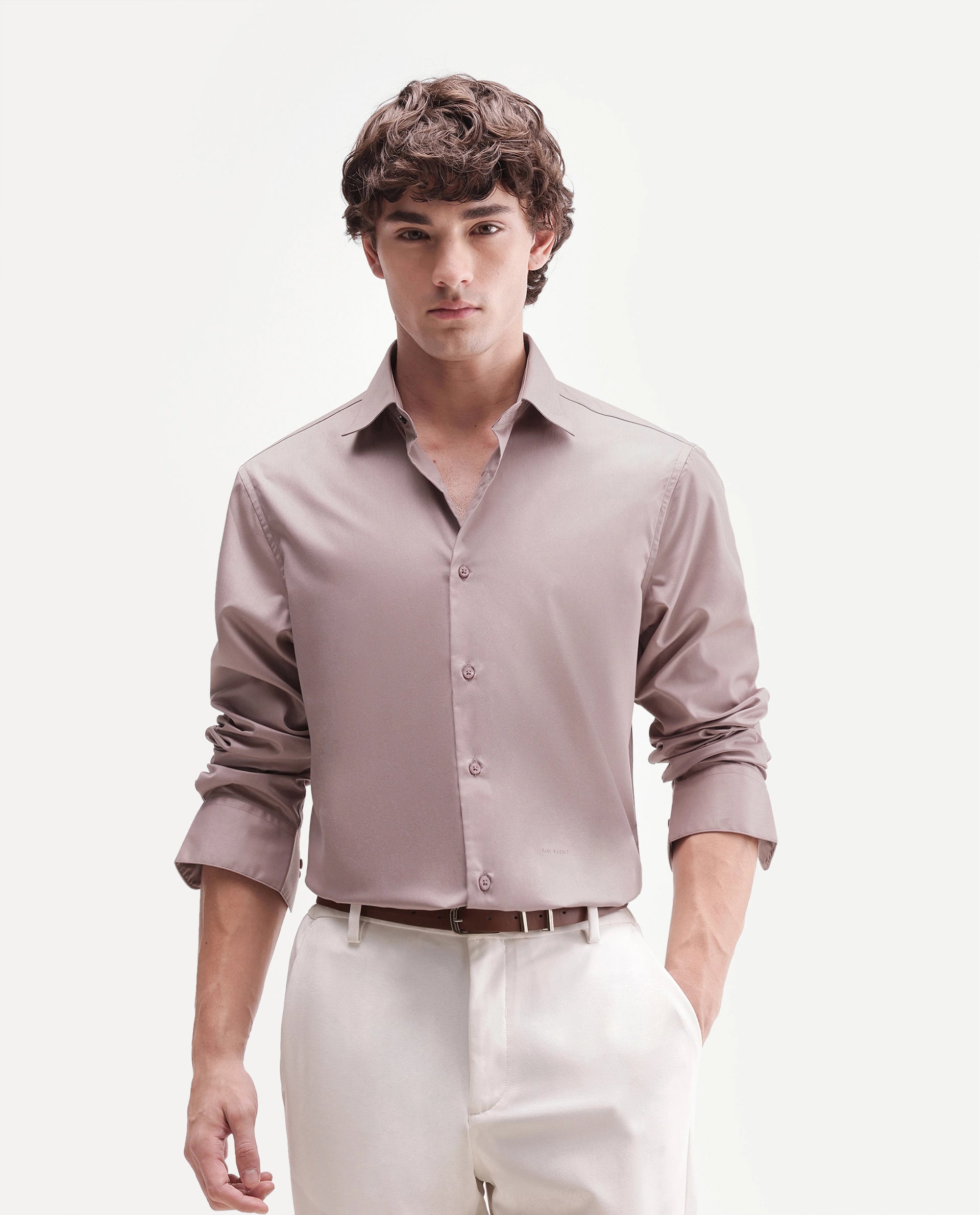 Rare Rabbit Men's Aston Dusky Pink Polyester Blend Spread Collar Button Regular Plain Shirt