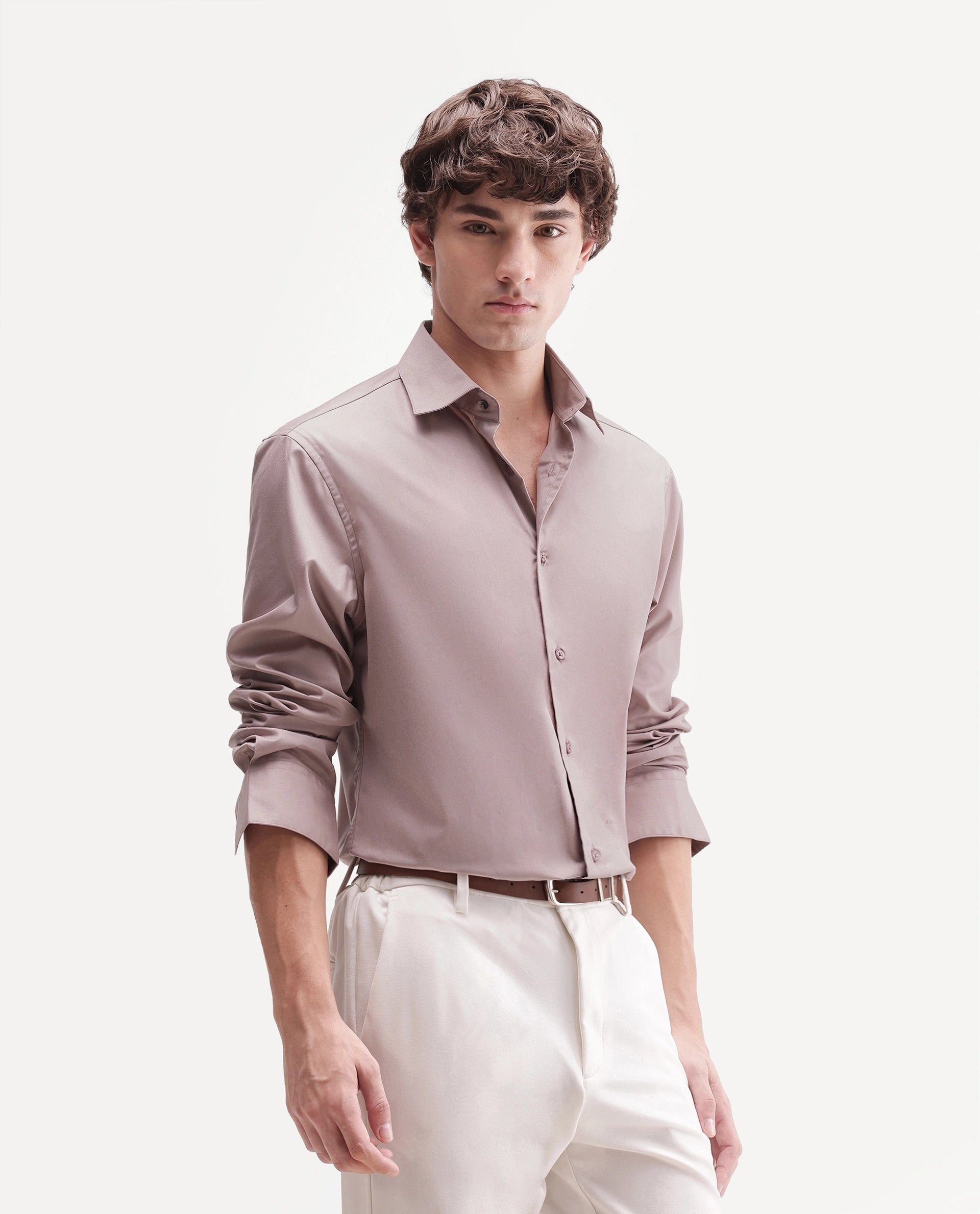 Rare Rabbit Men's Aston Dusky Pink Polyester Blend Spread Collar Button Regular Plain Shirt