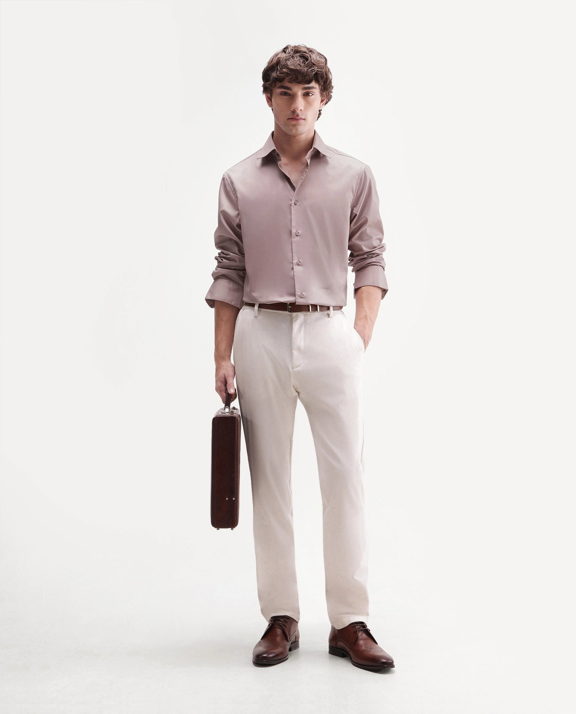 Rare Rabbit Men's Aston Dusky Pink Polyester Blend Spread Collar Button Regular Plain Shirt