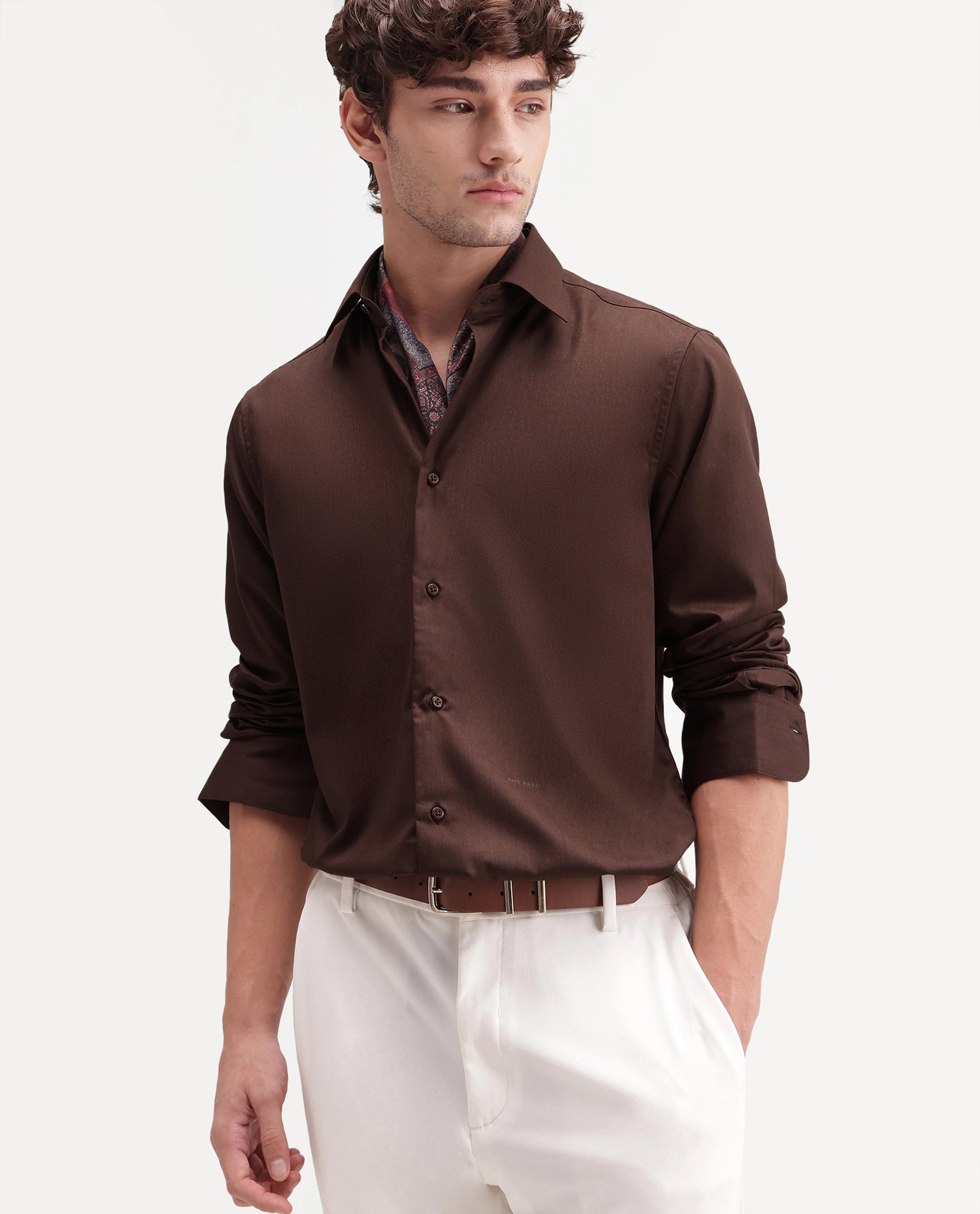 Rare Rabbit Men's Aston Brown Polyester Blend Spread Collar Button Regular Plain Shirt