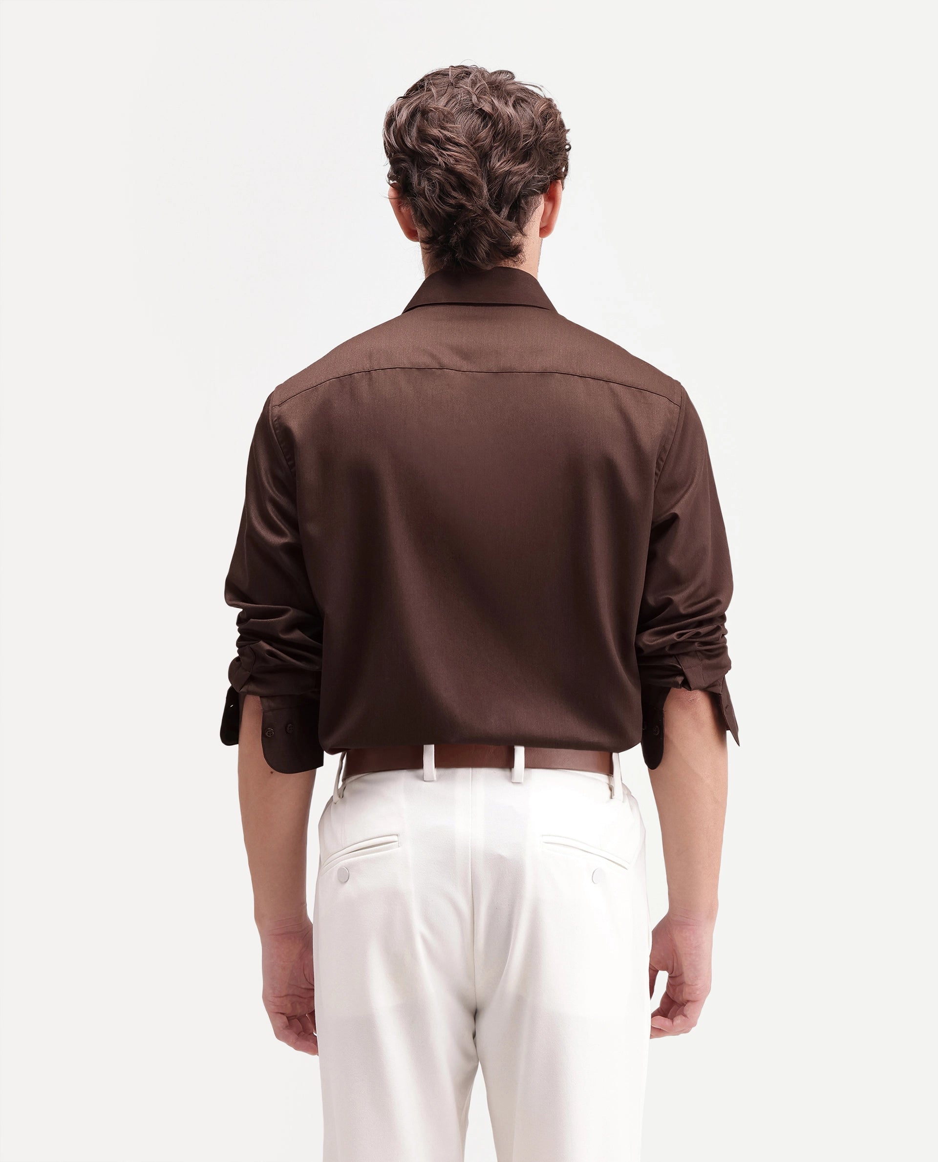 Rare Rabbit Men's Aston Brown Polyester Blend Spread Collar Button Regular Plain Shirt