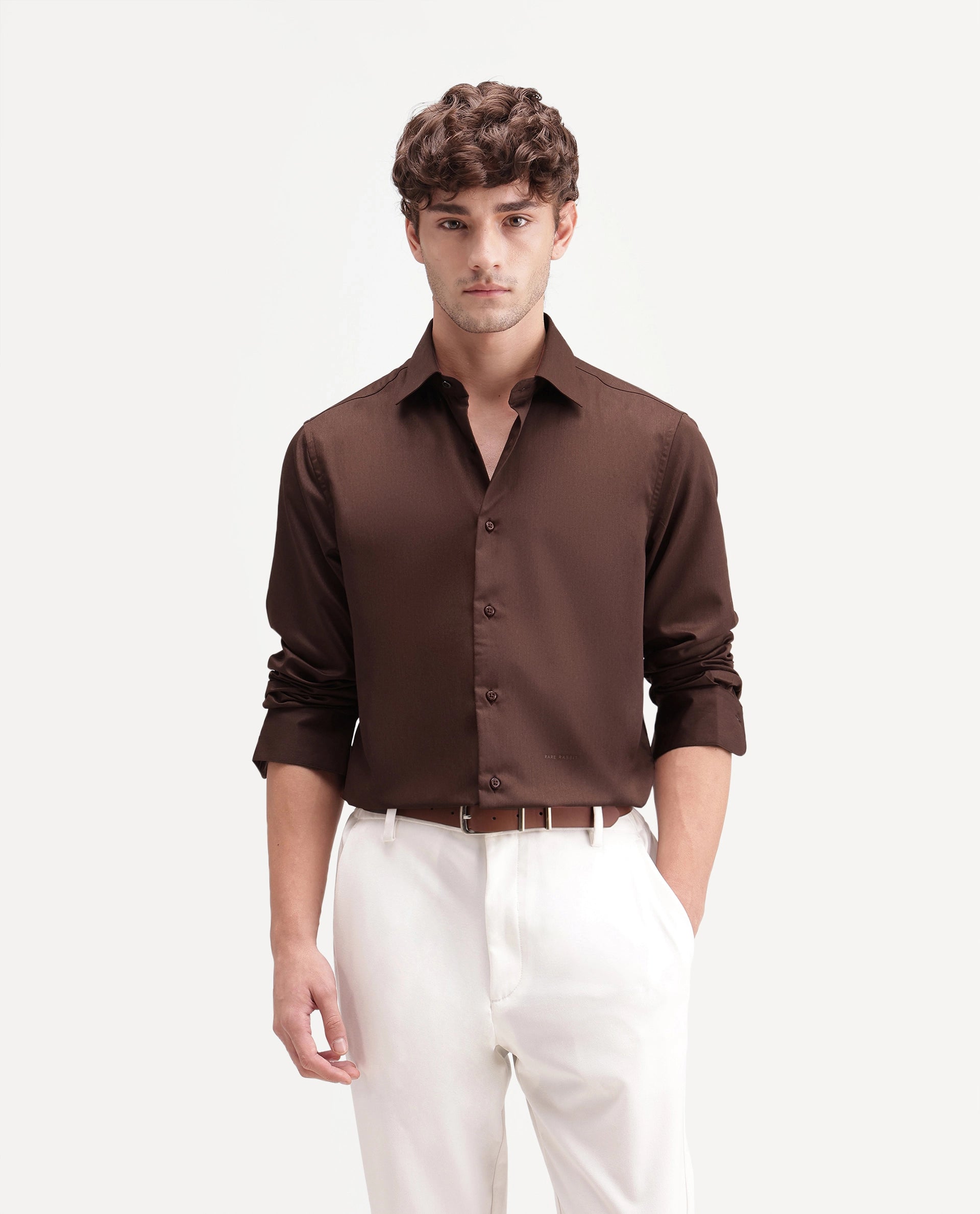 Rare Rabbit Men's Aston Brown Polyester Blend Spread Collar Button Regular Plain Shirt