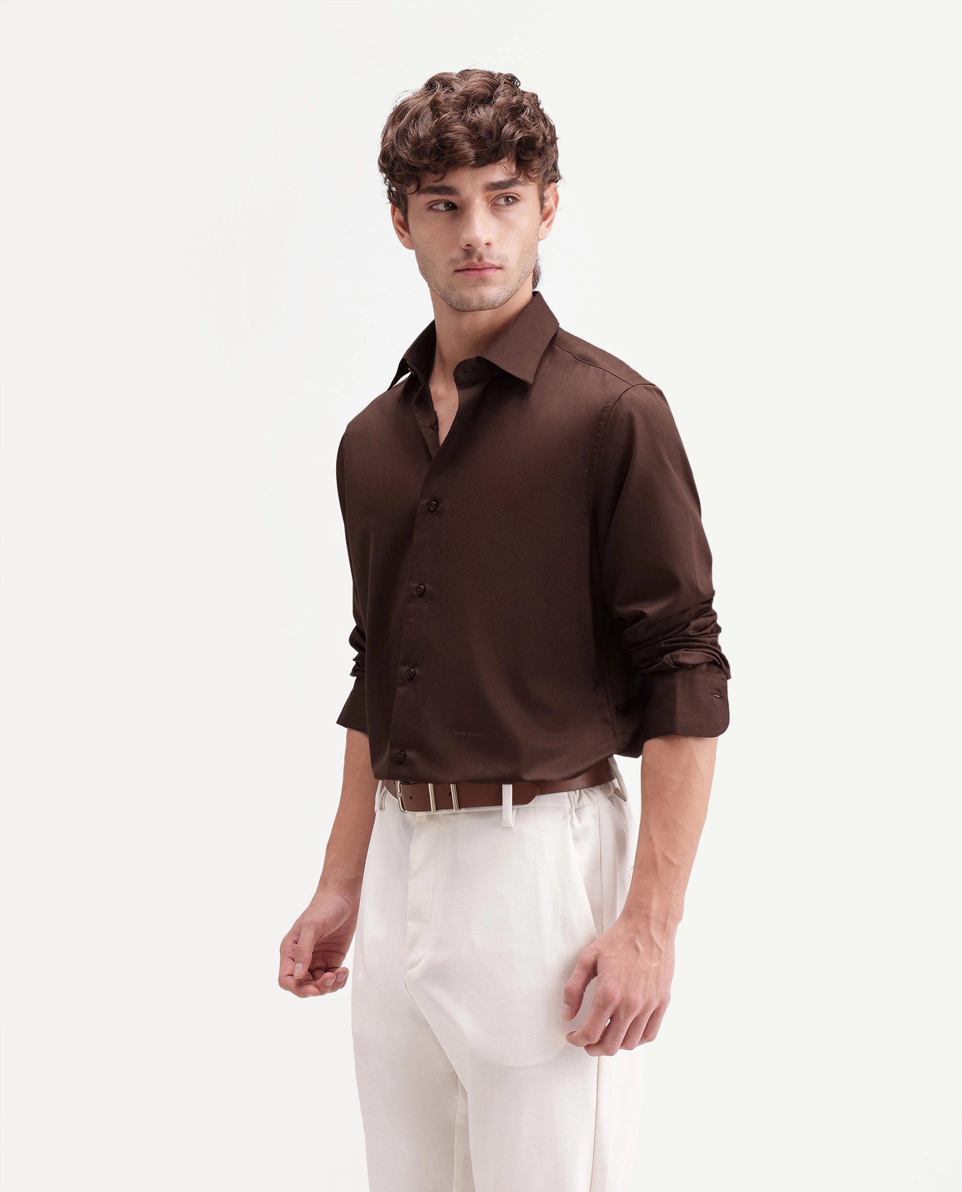 Rare Rabbit Men's Aston Brown Polyester Blend Spread Collar Button Regular Plain Shirt