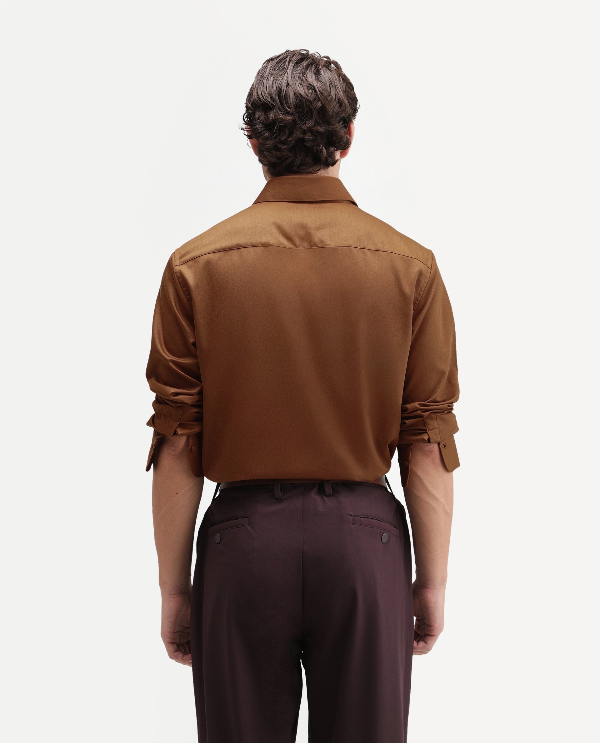 Rare Rabbit Men's Aston Dusky Brown Polyester Blend Spread Collar Button Regular Plain Shirt