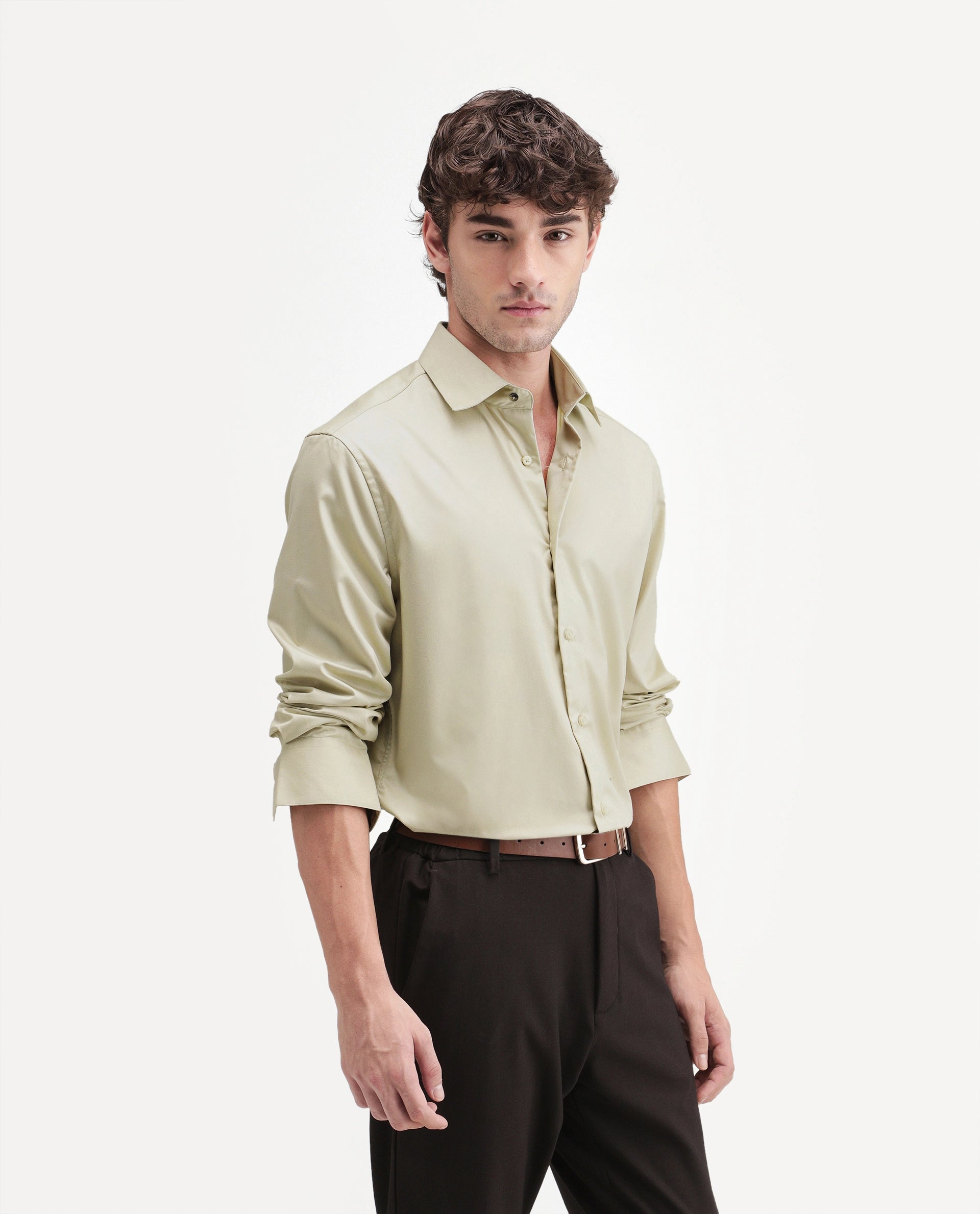Rare Rabbit Men's Aston Dusky Green Polyester Blend Spread Collar Button Regular Plain Shirt