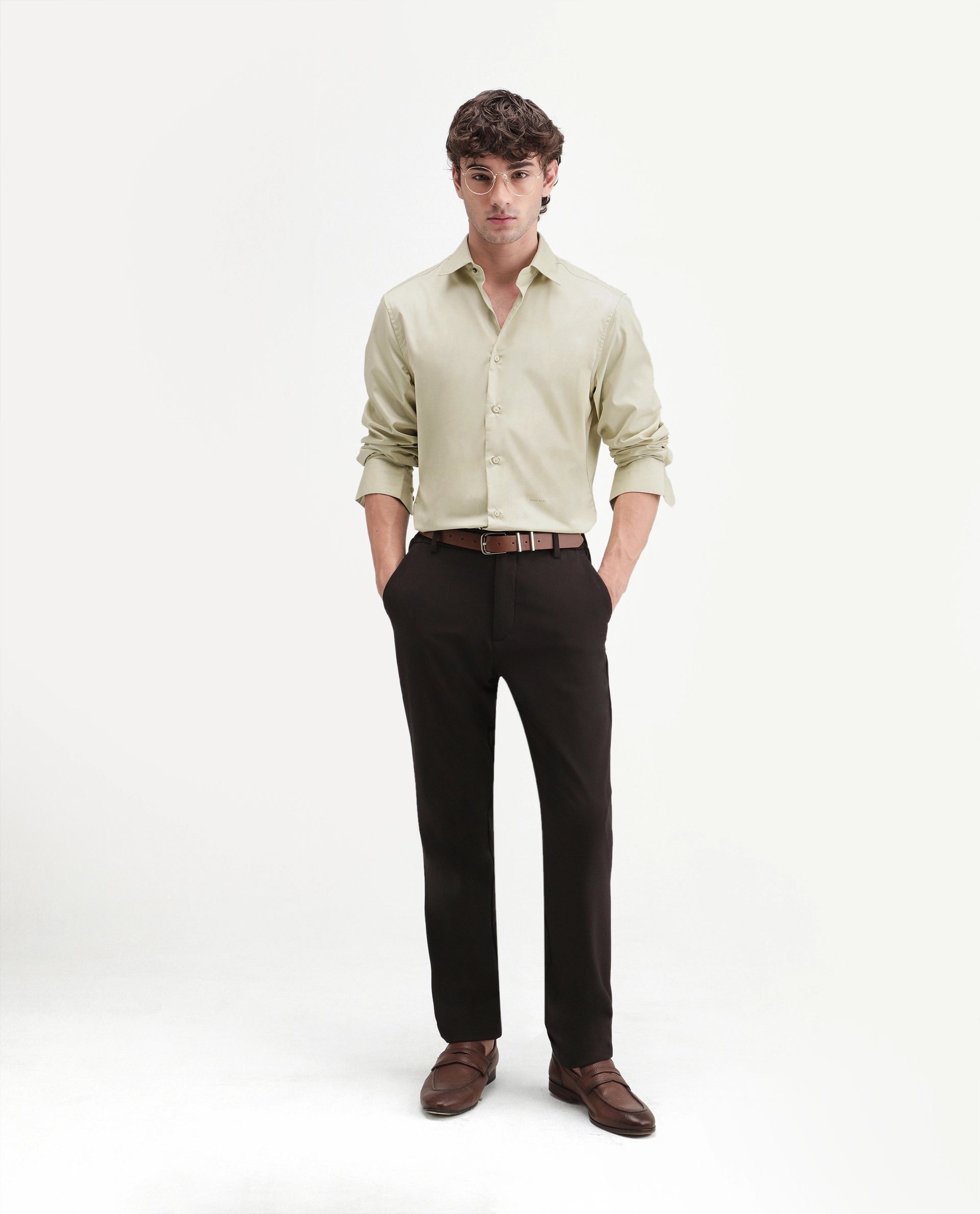 Rare Rabbit Men's Aston Dusky Green Polyester Blend Spread Collar Button Regular Plain Shirt