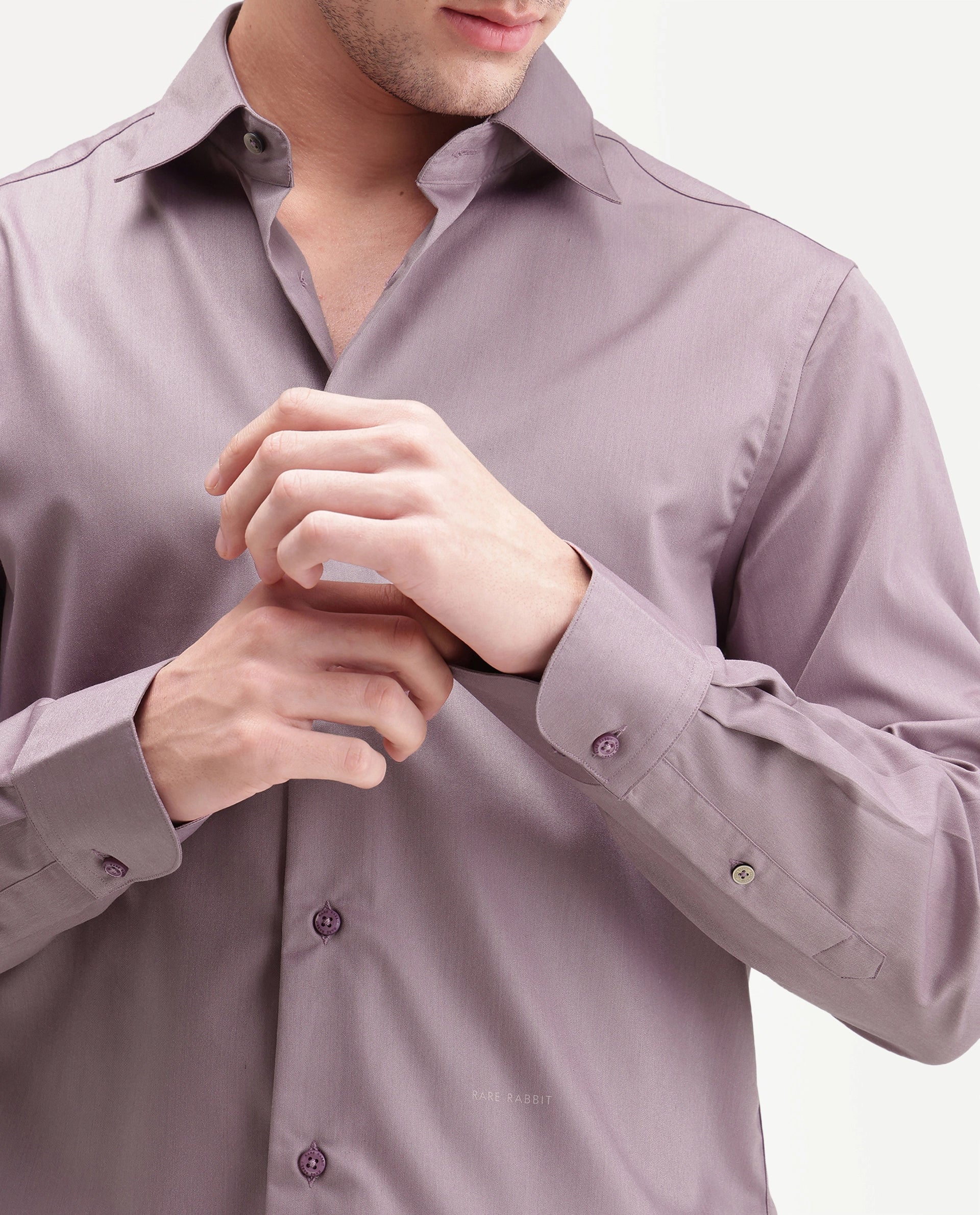 Rare Rabbit Men's Aston Purple Polyester Blend Spread Collar Button Regular Plain Shirt