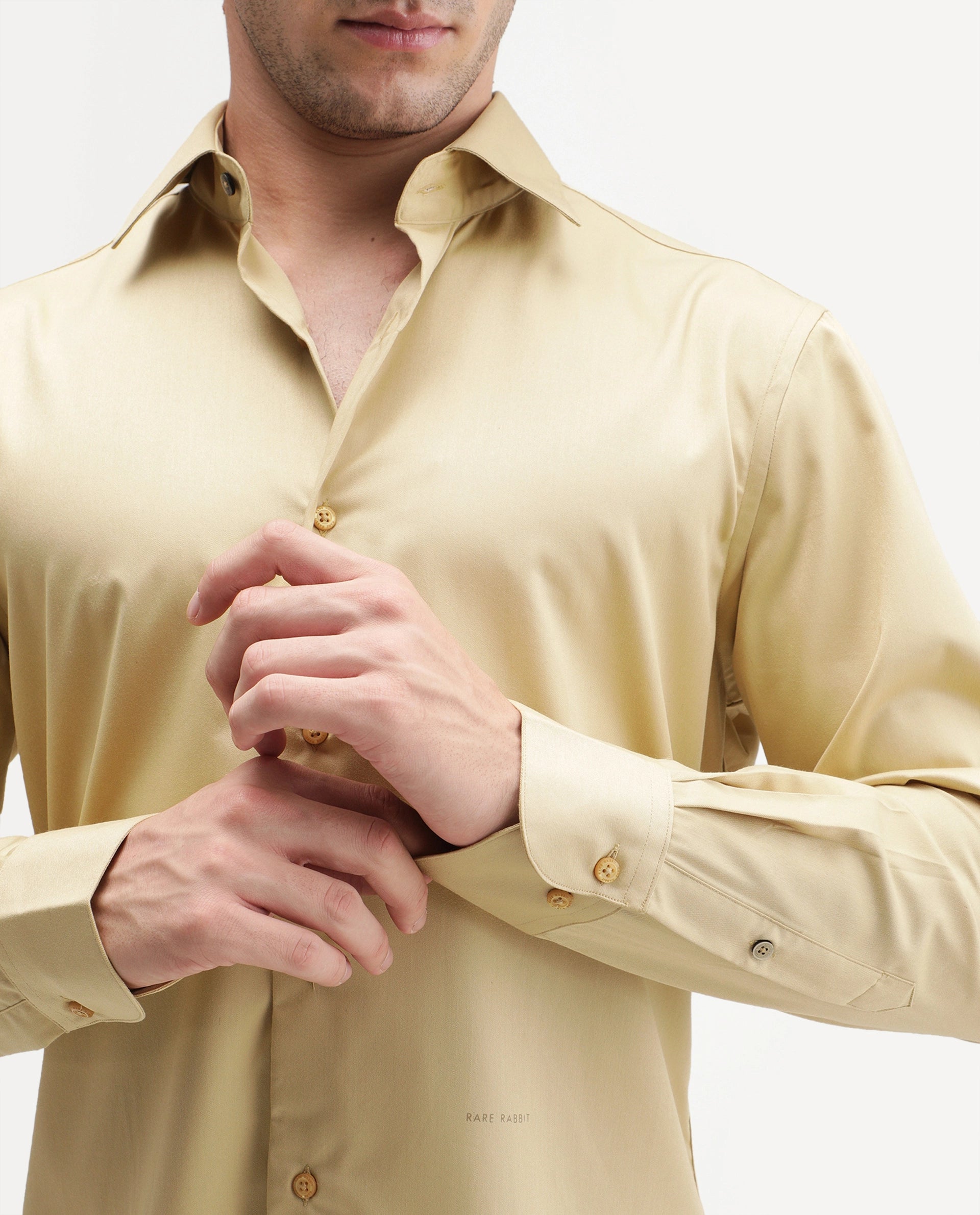 Rare Rabbit Men's Aston Mustard Polyester Blend Spread Collar Button Regular Plain Shirt