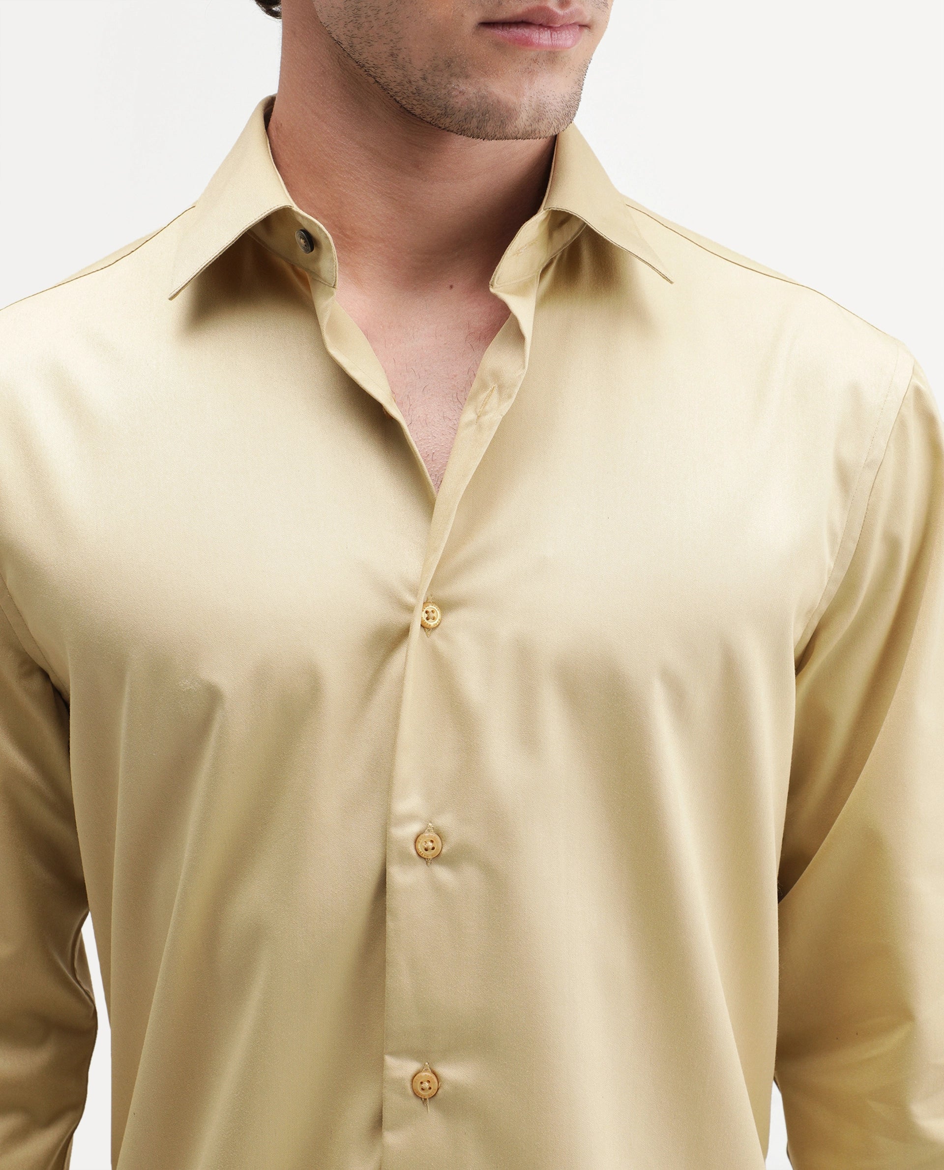 Rare Rabbit Men's Aston Mustard Polyester Blend Spread Collar Button Regular Plain Shirt
