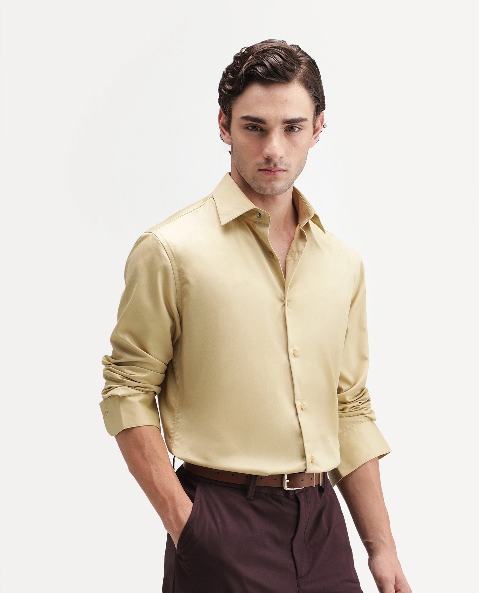 Rare Rabbit Men's Aston Mustard Polyester Blend Spread Collar Button Regular Plain Shirt