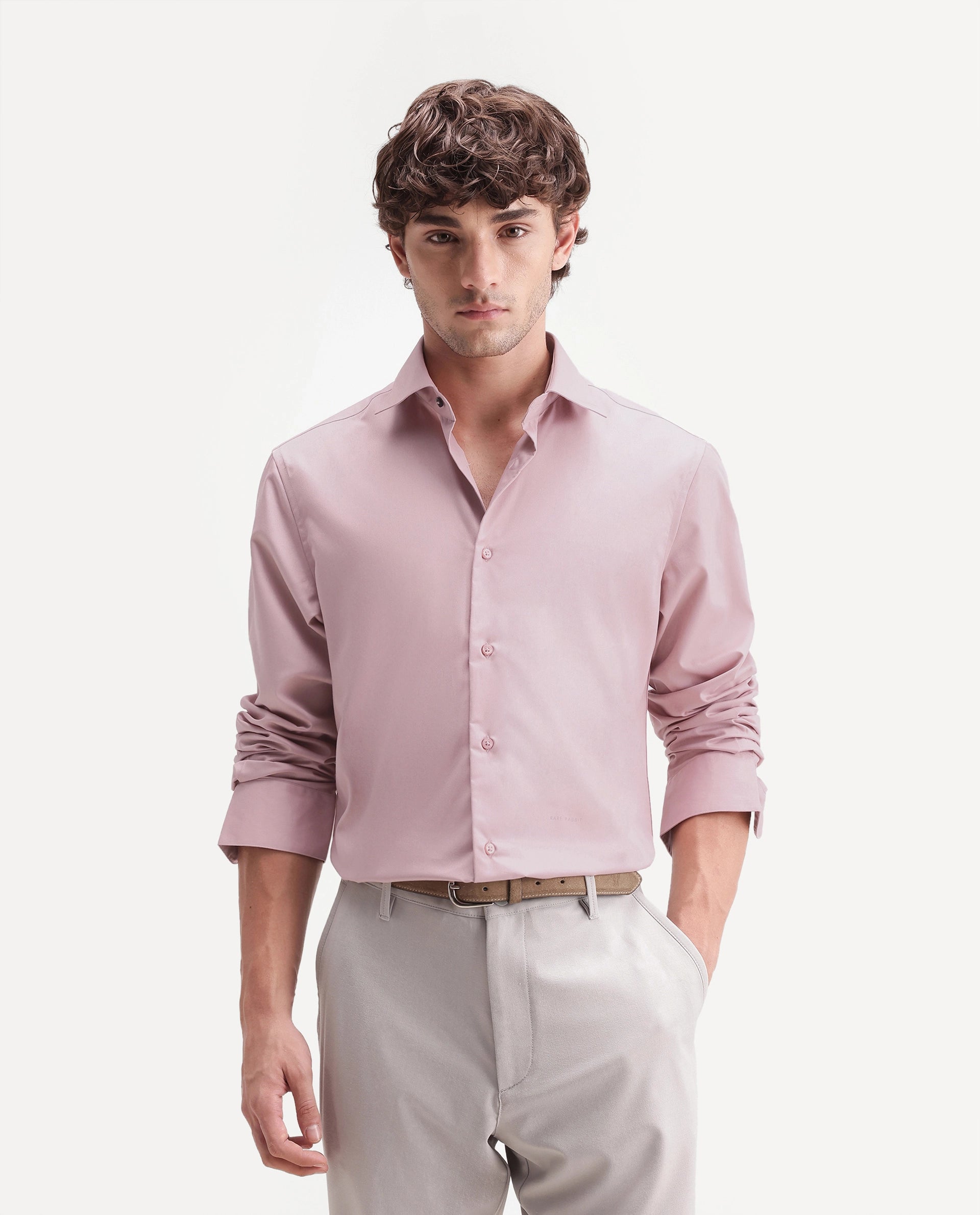 Rare Rabbit Men's Aston Light Pink Polyester Blend Spread Collar Button Regular Plain Shirt