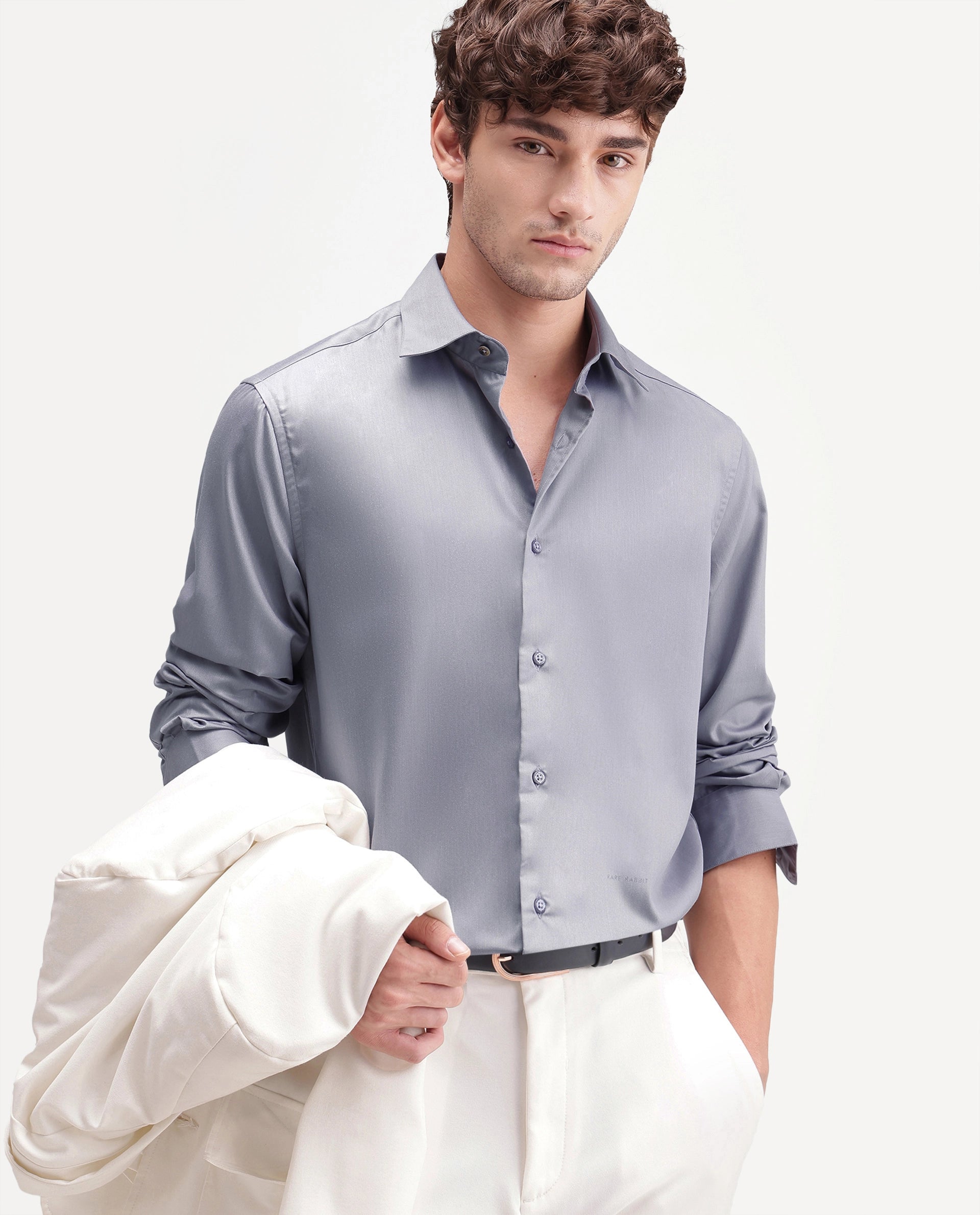 Rare Rabbit Men's Aston Dusky Purple Polyester Blend Spread Collar Button Regular Plain Shirt