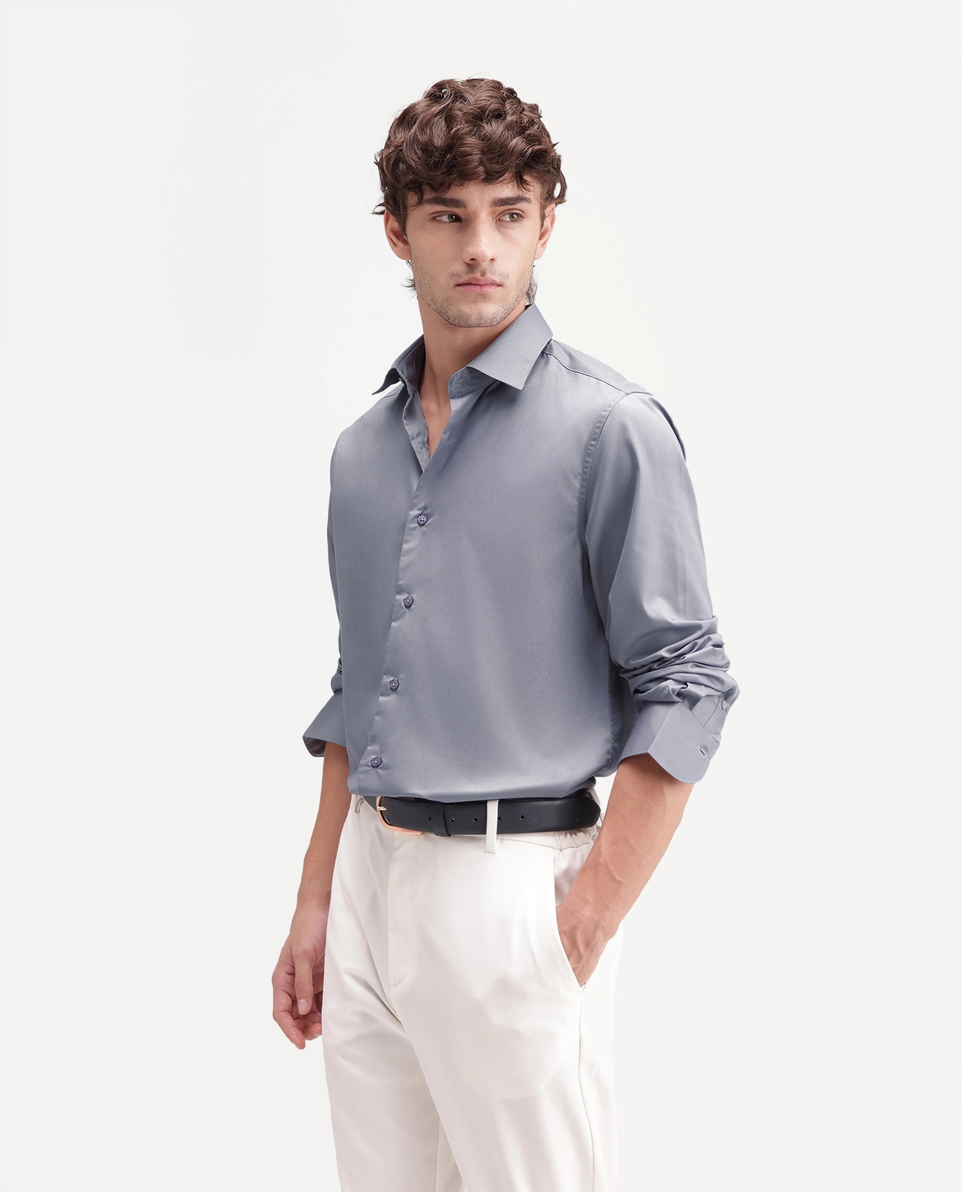 Rare Rabbit Men's Aston Dusky Purple Polyester Blend Spread Collar Button Regular Plain Shirt