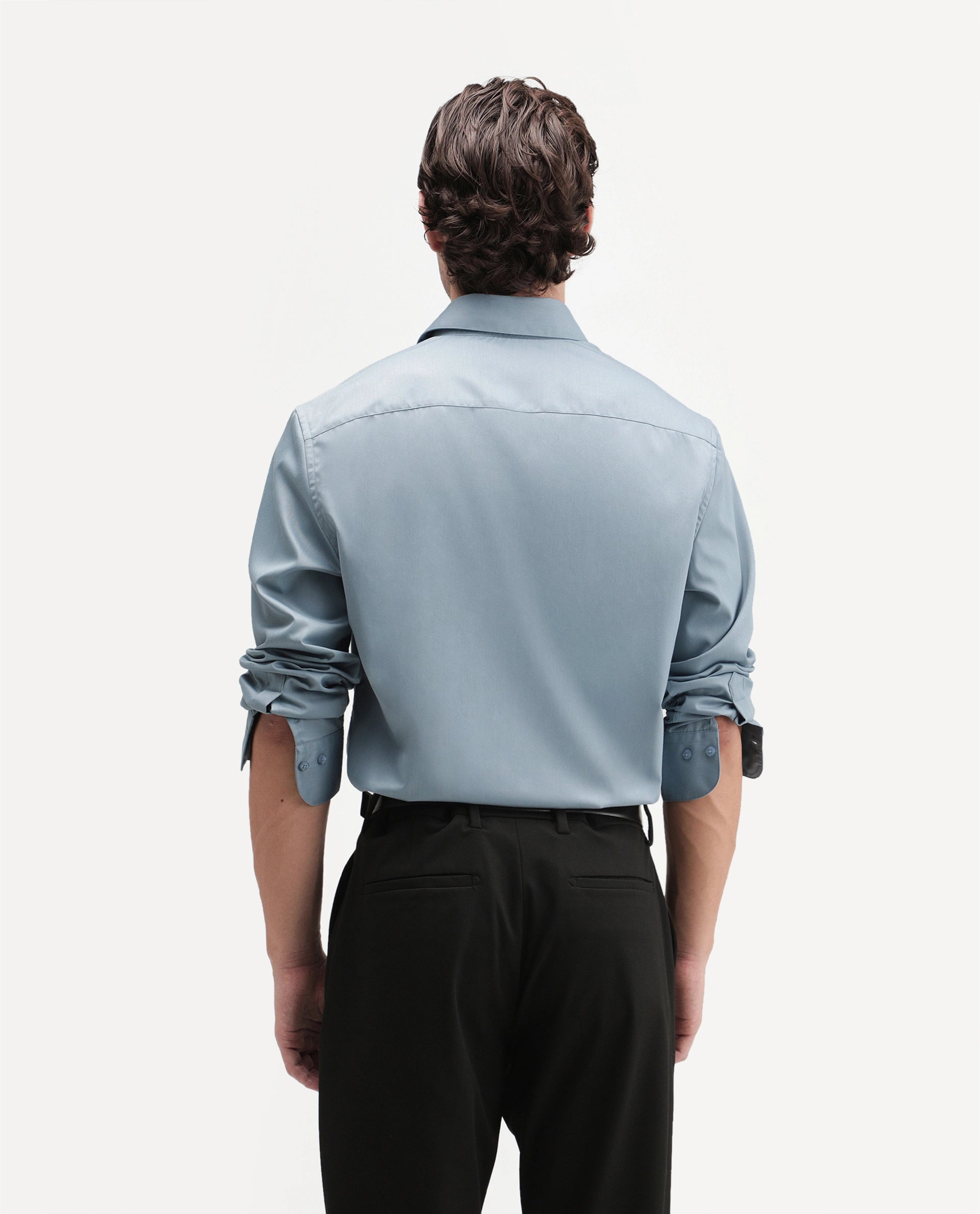Rare Rabbit Men's Aston Blue Polyester Blend Spread Collar Button Regular Plain Shirt