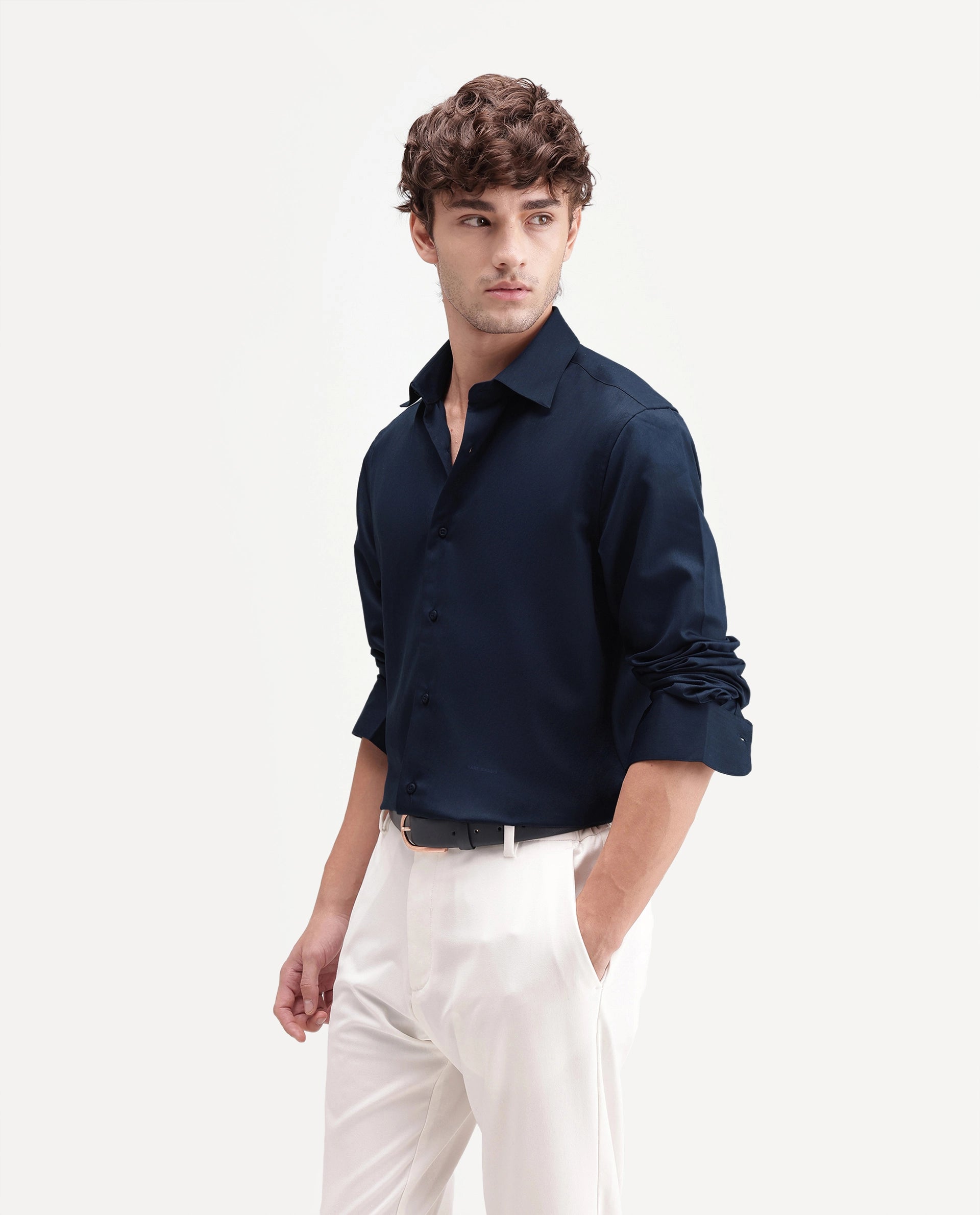 Rare Rabbit Men's Aston Navy Polyester Blend Spread Collar Button Regular Plain Shirt