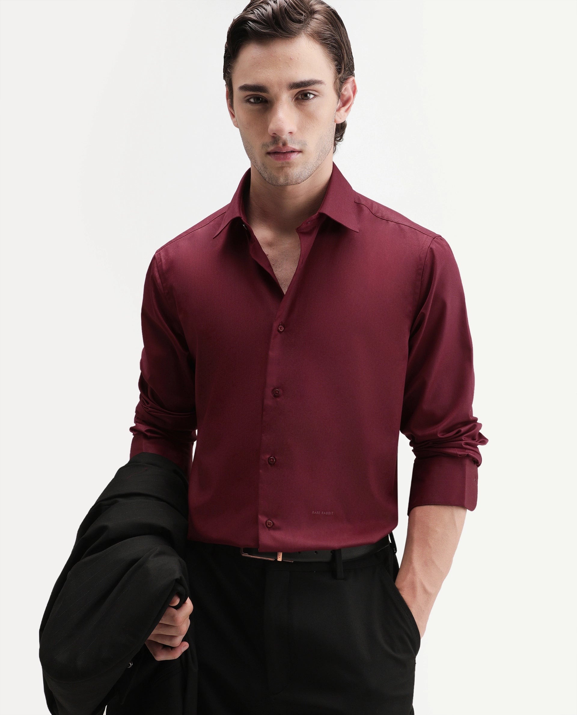 Rare Rabbit Men's Aston Maroon Polyester Blend Spread Collar Button Regular Plain Shirt