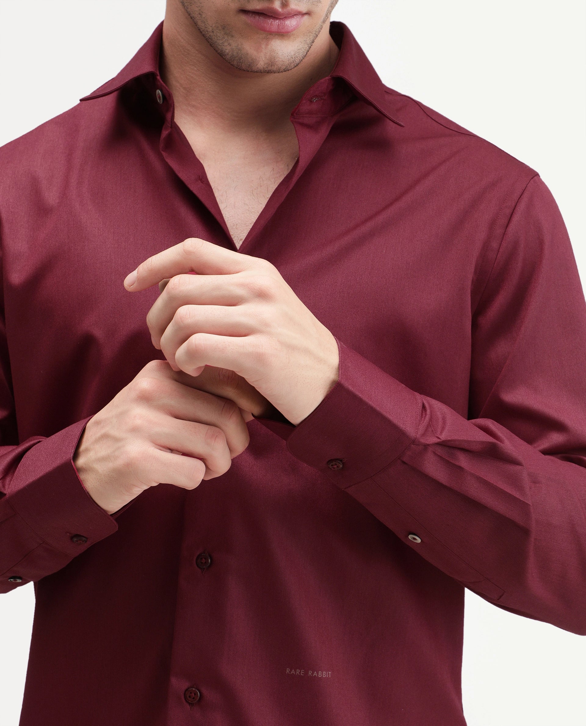 Rare Rabbit Men's Aston Maroon Polyester Blend Spread Collar Button Regular Plain Shirt